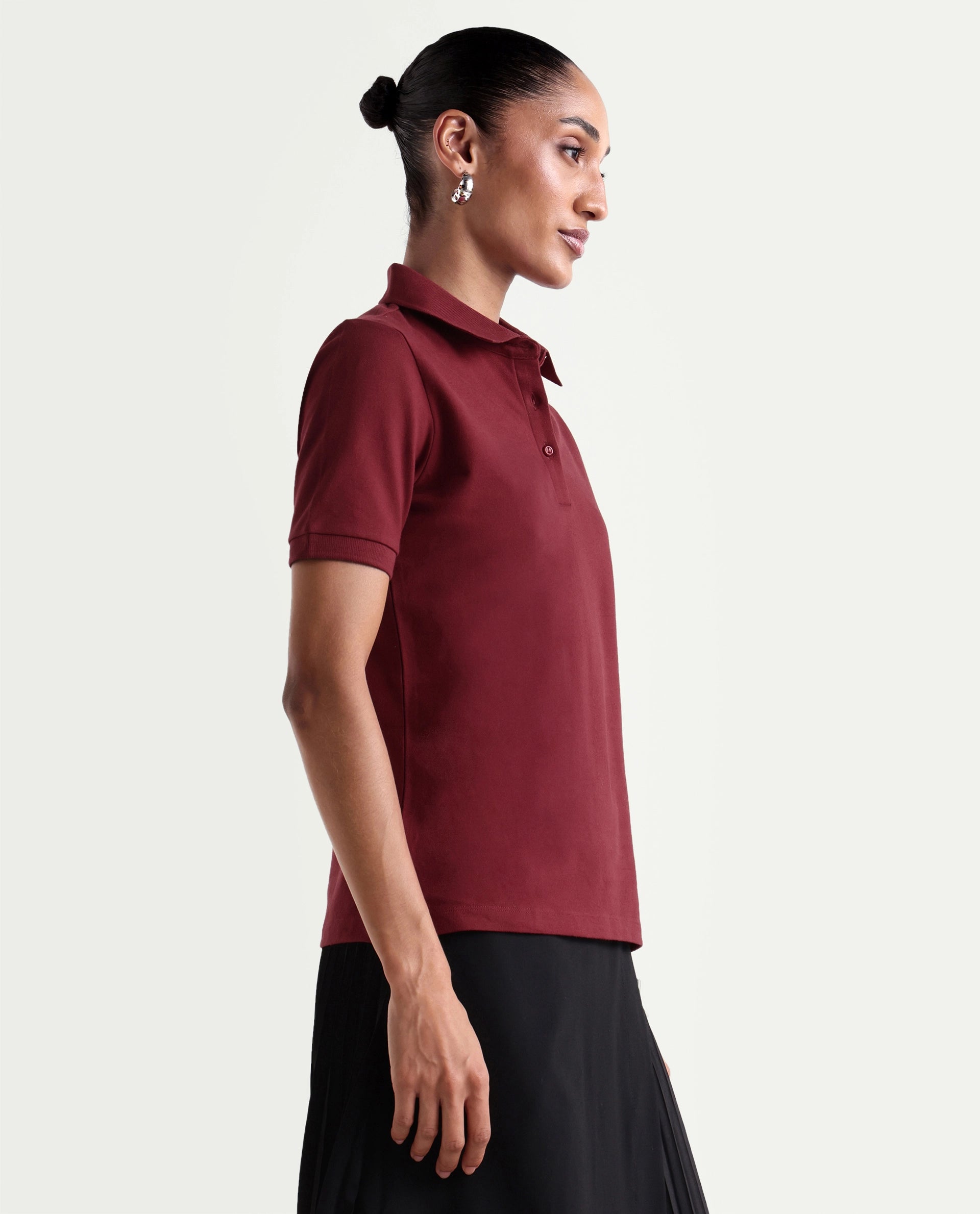 Rareism Women's Basic Rr-Corp-Elane Dark Red Cotton CollaredRegular Plain Polo