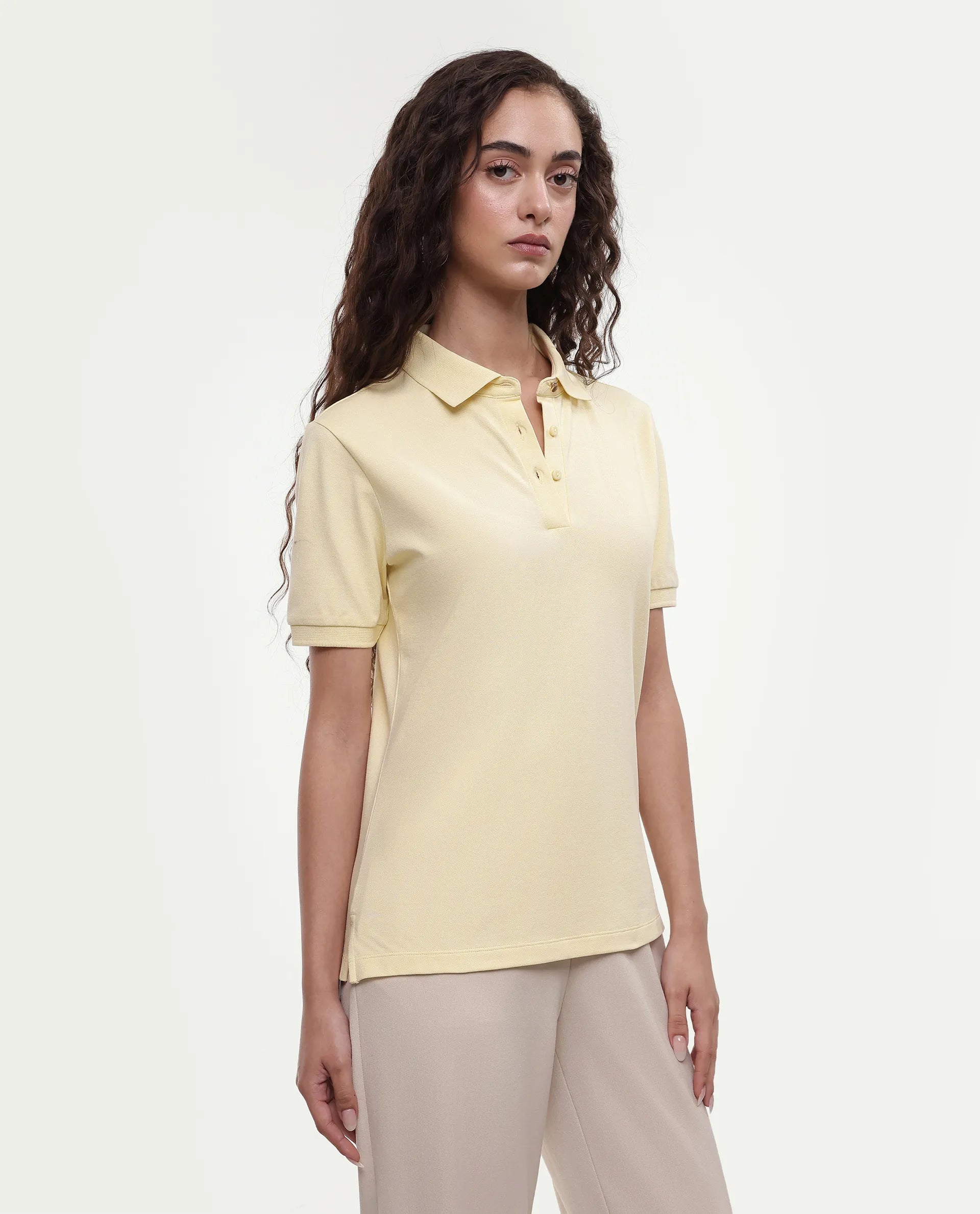 Rareism Women's Basic Rr-Corp-Elane Light Yellow Cotton CollaredRegular Plain Polo