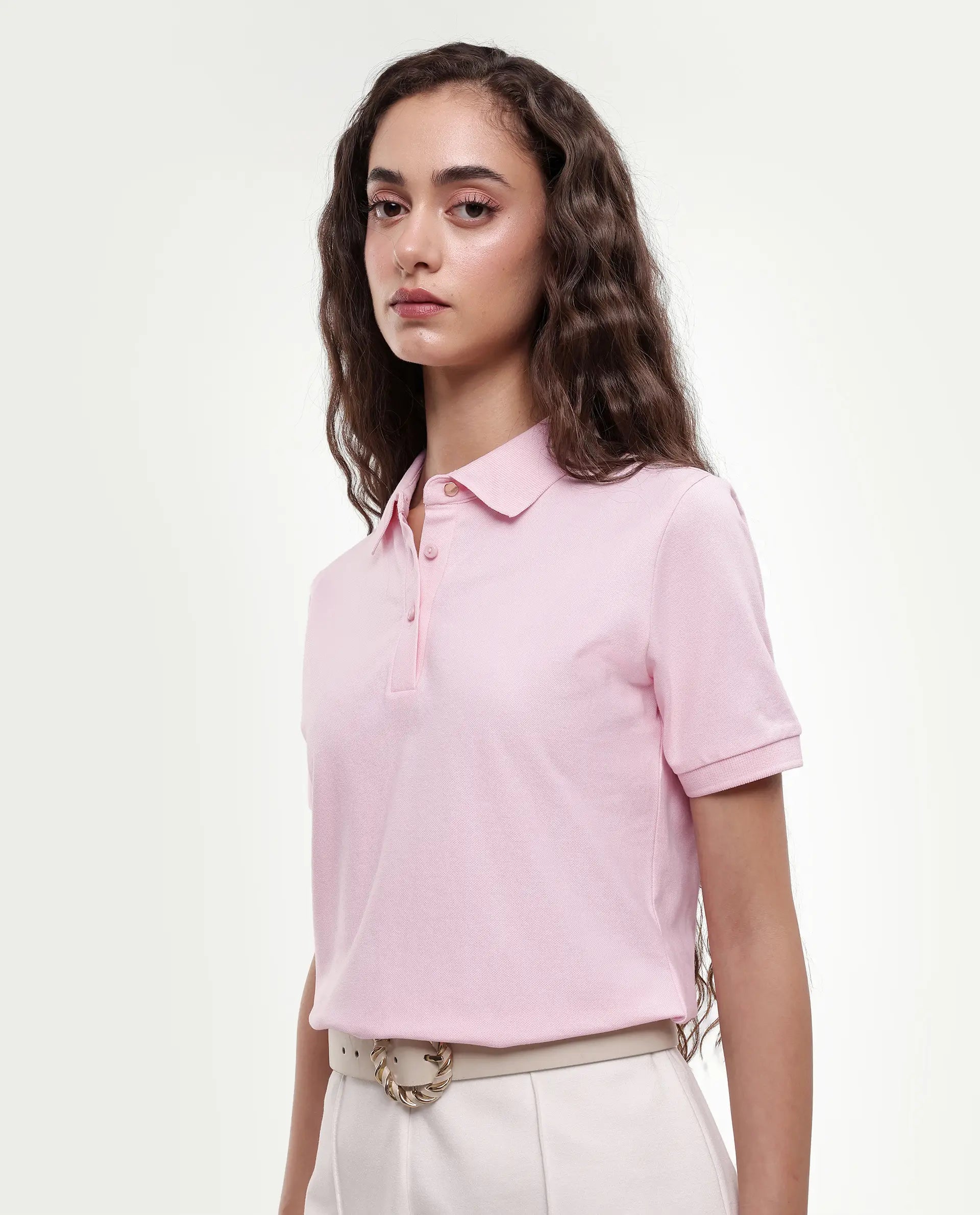 Rareism Women's Basic Rr-Corp-Elane Light Pink Cotton CollaredRegular Plain Polo