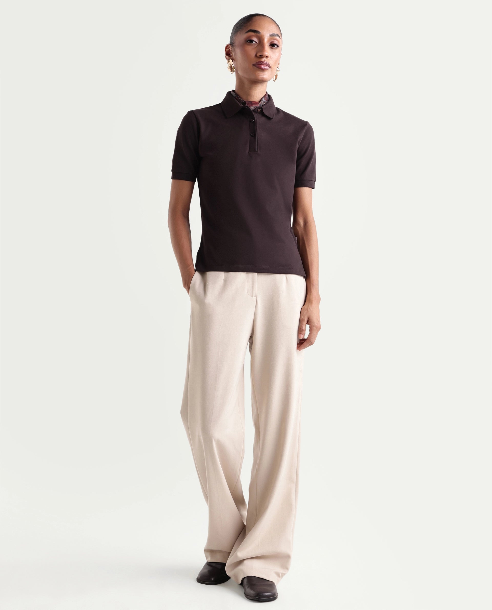 Rareism Women's Basic Rr-Corp-Elane Dark Brown Cotton Blend Collar Regular Plain Polo