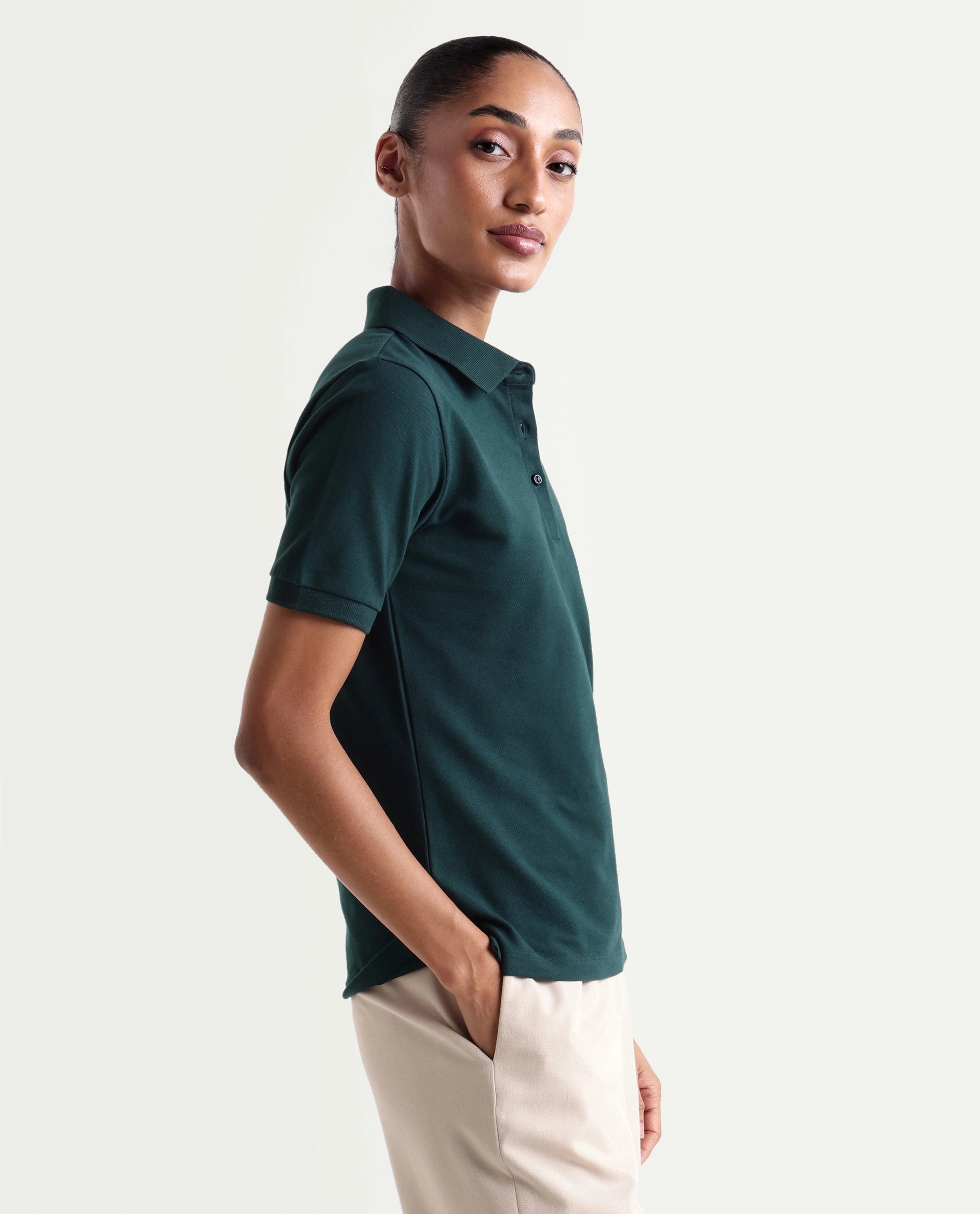 Rareism Women's Basic Rr-Corp-Elane Dark Green Cotton CollaredRegular Plain Polo