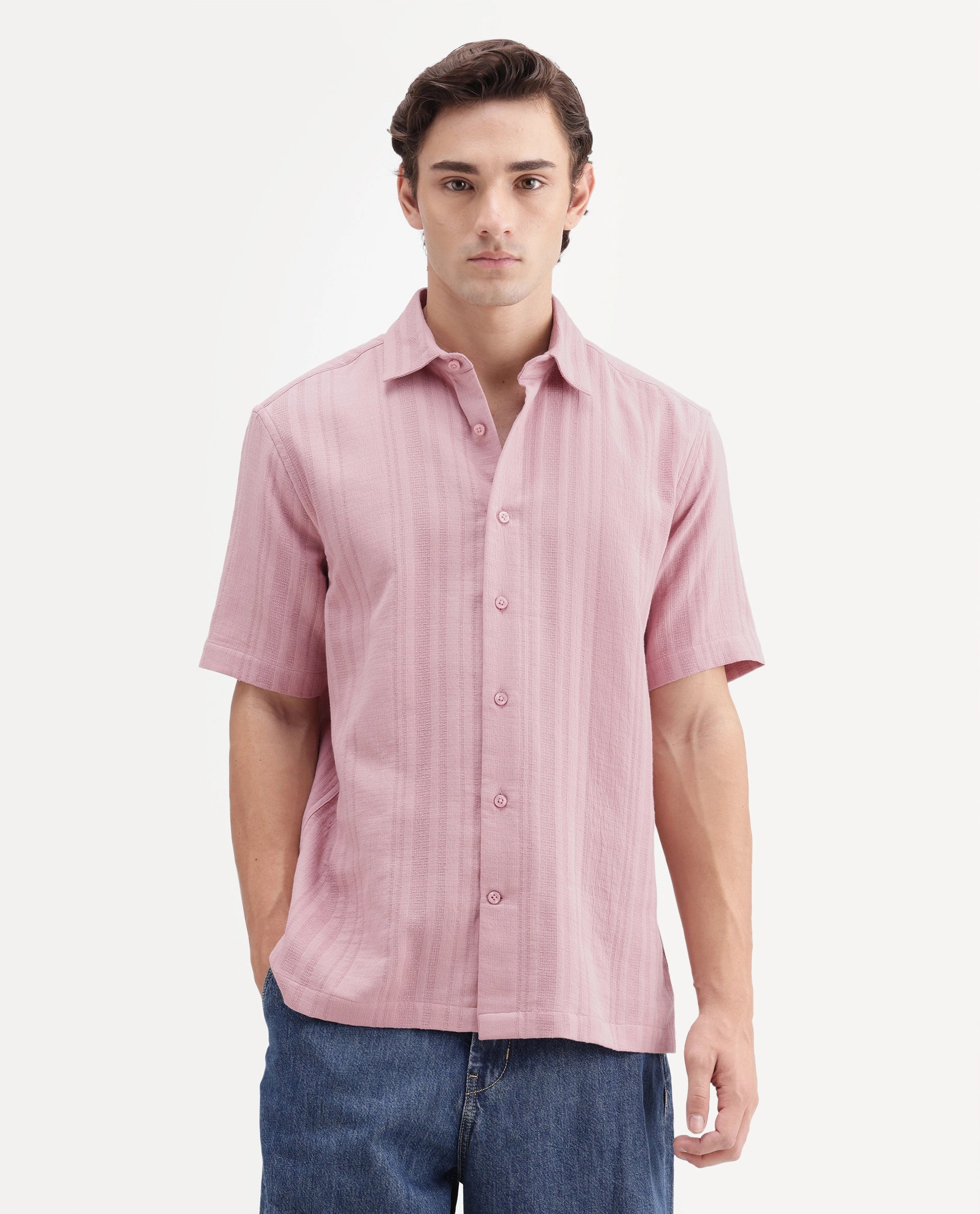 Rare Rabbit Men's Fivo Dusky Pink Cotton Fabric Half Sleeve Collared Regular Fit Striped Shirt