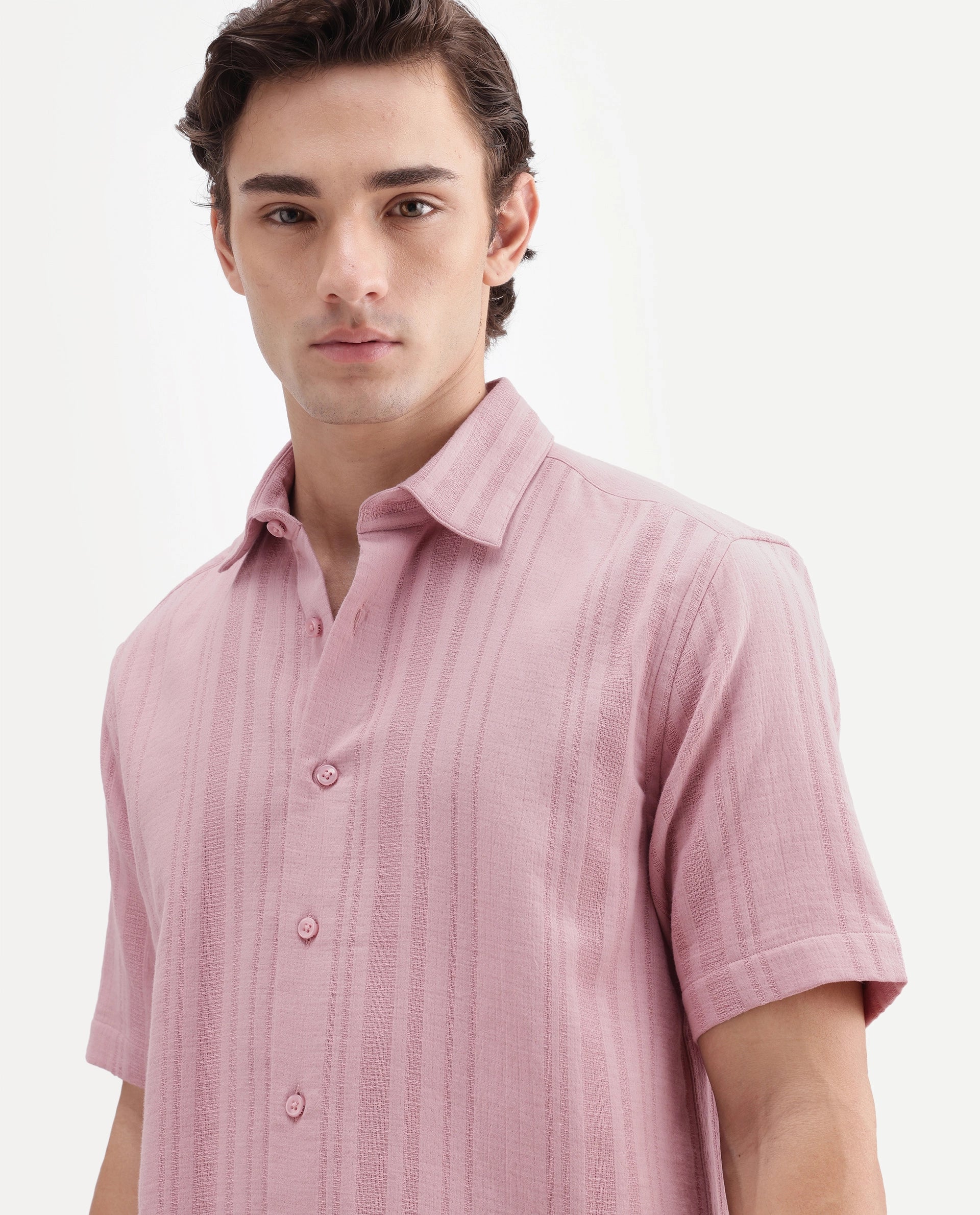 Rare Rabbit Men's Fivo Dusky Pink Cotton Fabric Half Sleeve Collared Regular Fit Striped Shirt