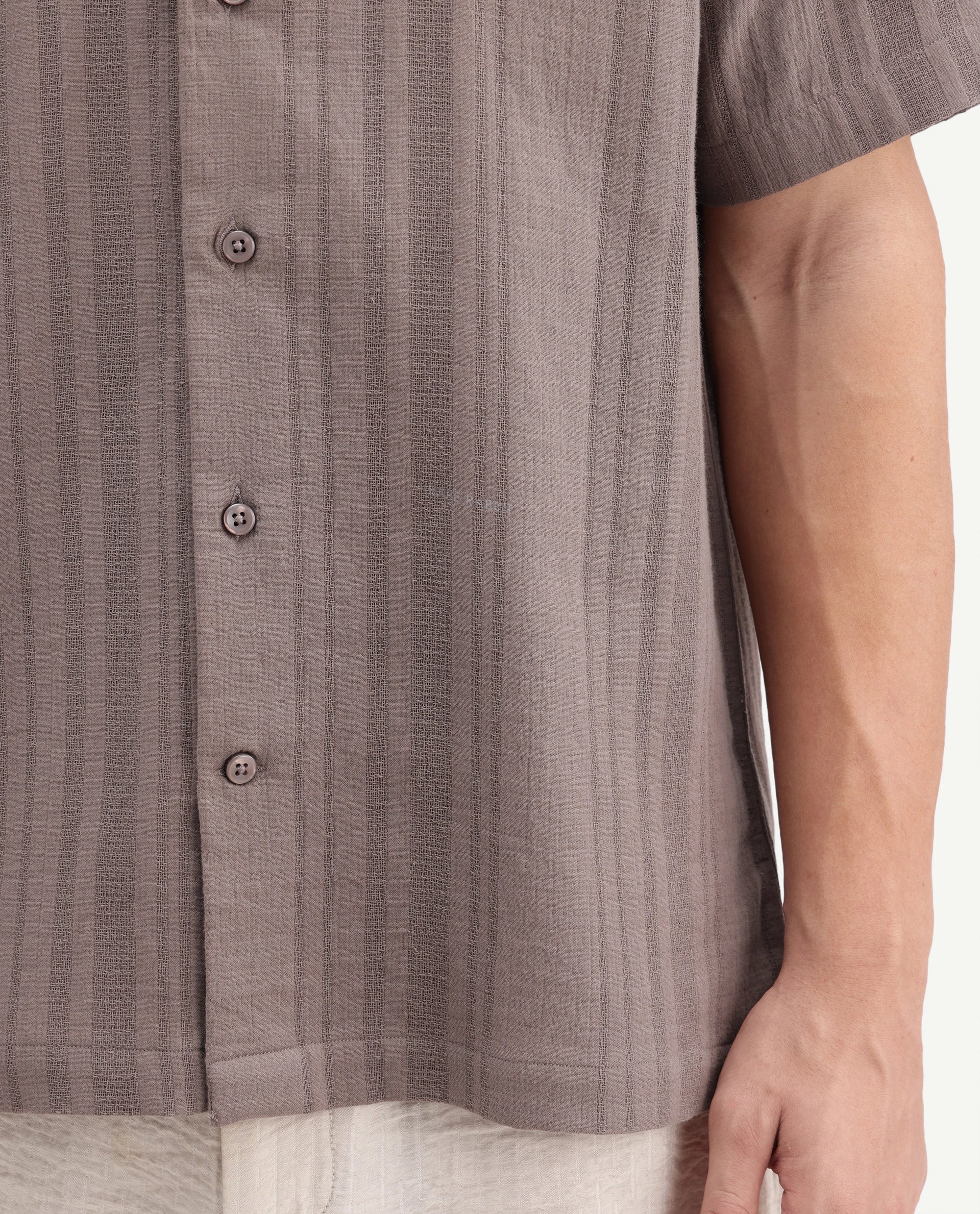 Rare Rabbit Men's Fivo Dusky Brown Cotton Fabric Half Sleeve Collared Regular Fit Striped Shirt