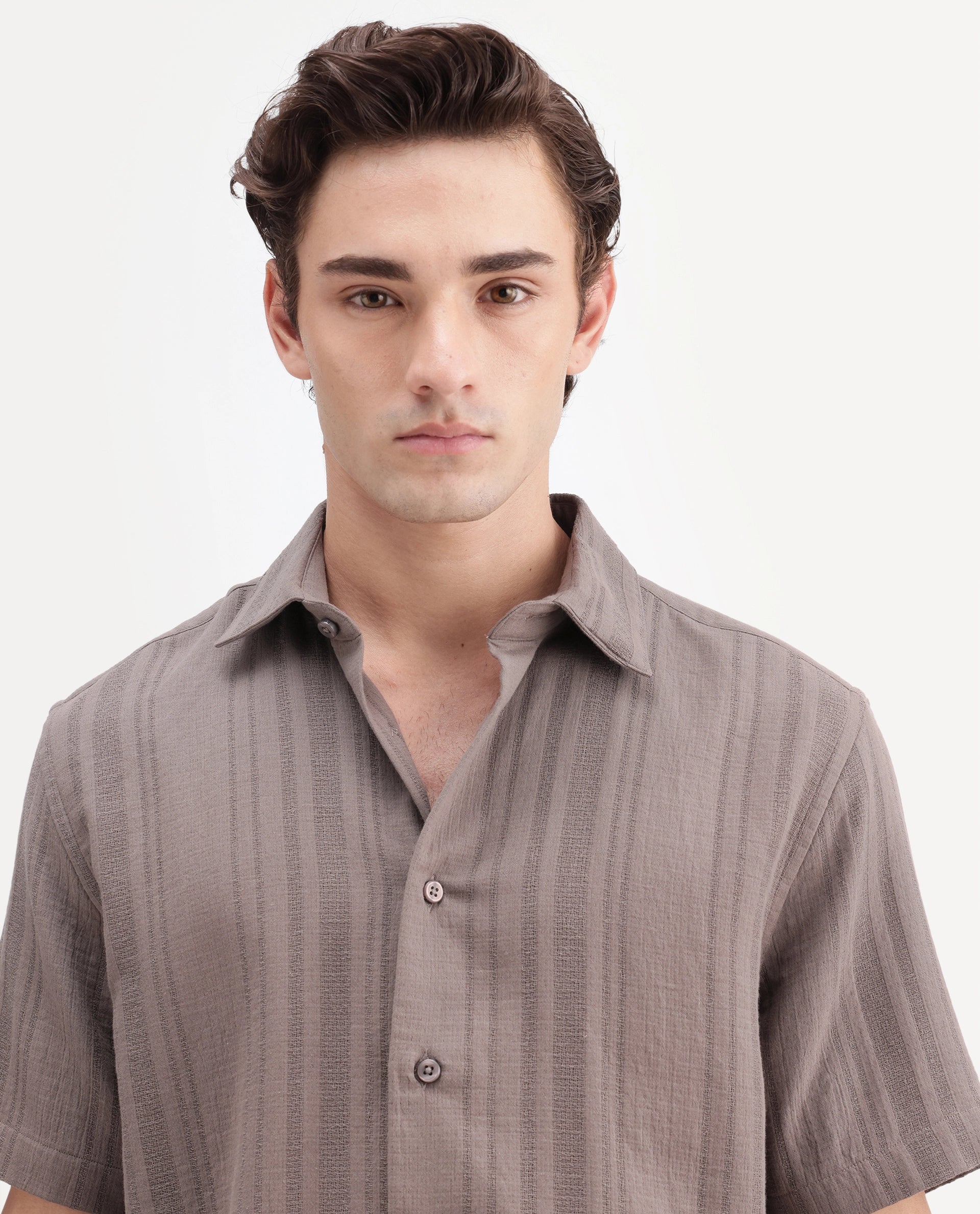 Rare Rabbit Men's Fivo Dusky Brown Cotton Fabric Half Sleeve Collared Regular Fit Striped Shirt