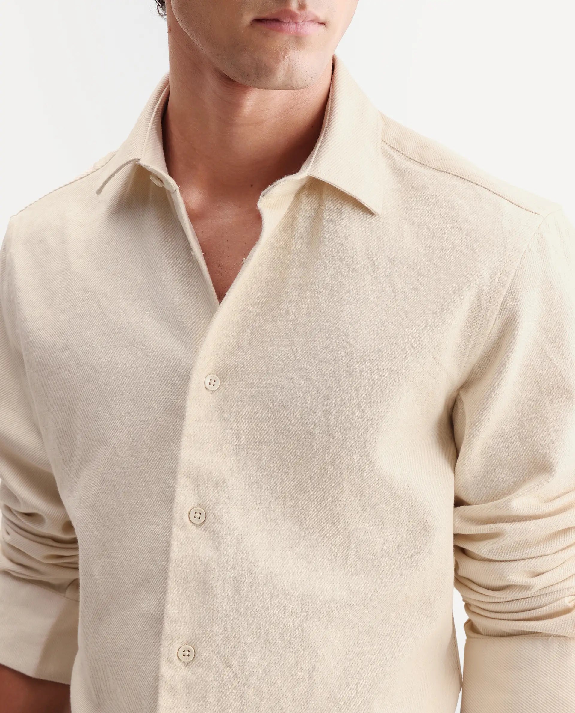 Rare Rabbit Men's Ryka Off White Cotton Fabric Full Sleeve Collared Regular Fit Plain Shirt