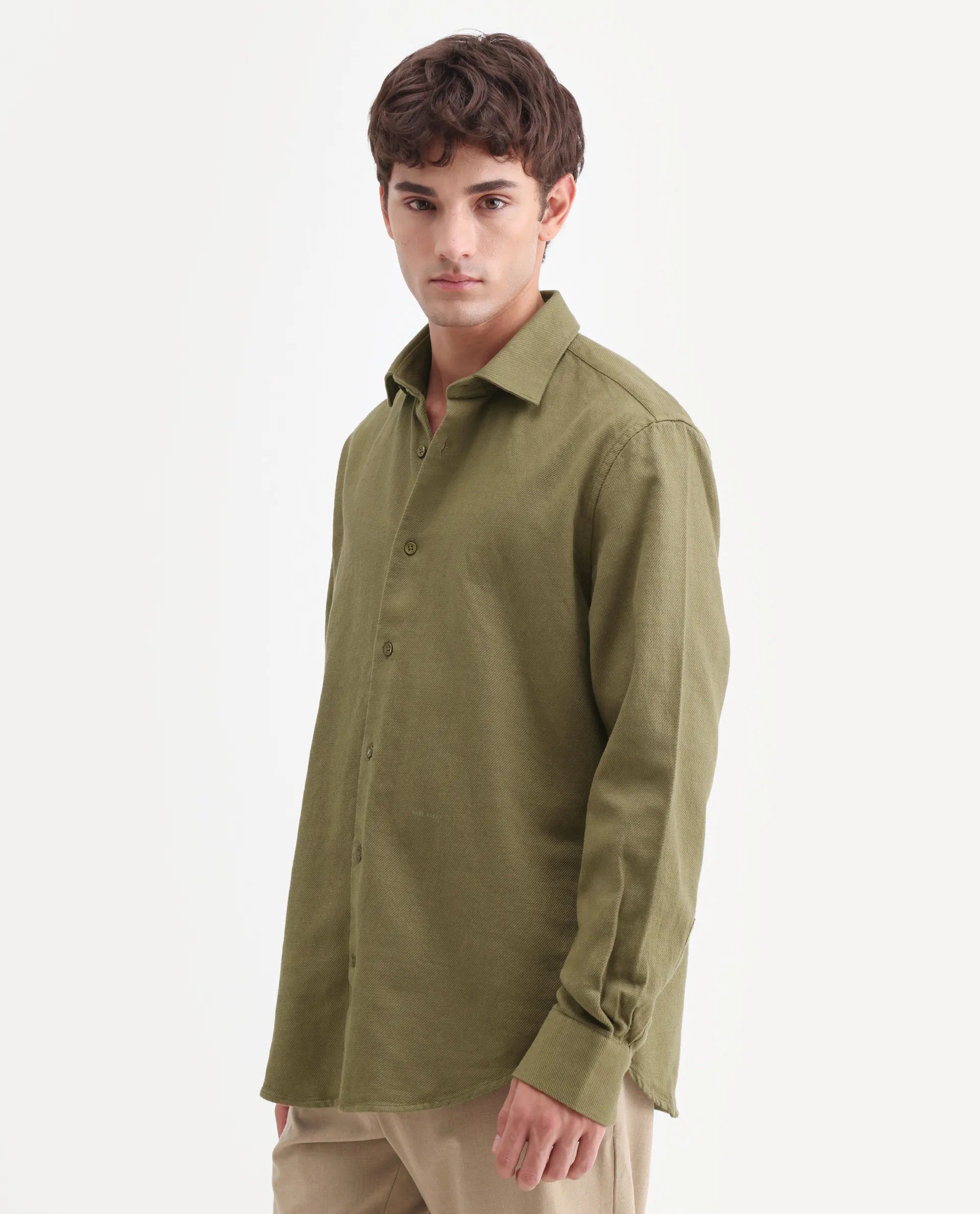 Rare Rabbit Men's Ryka Dusky Olive Cotton Fabric Full Sleeve Collared Regular Fit Plain Shirt