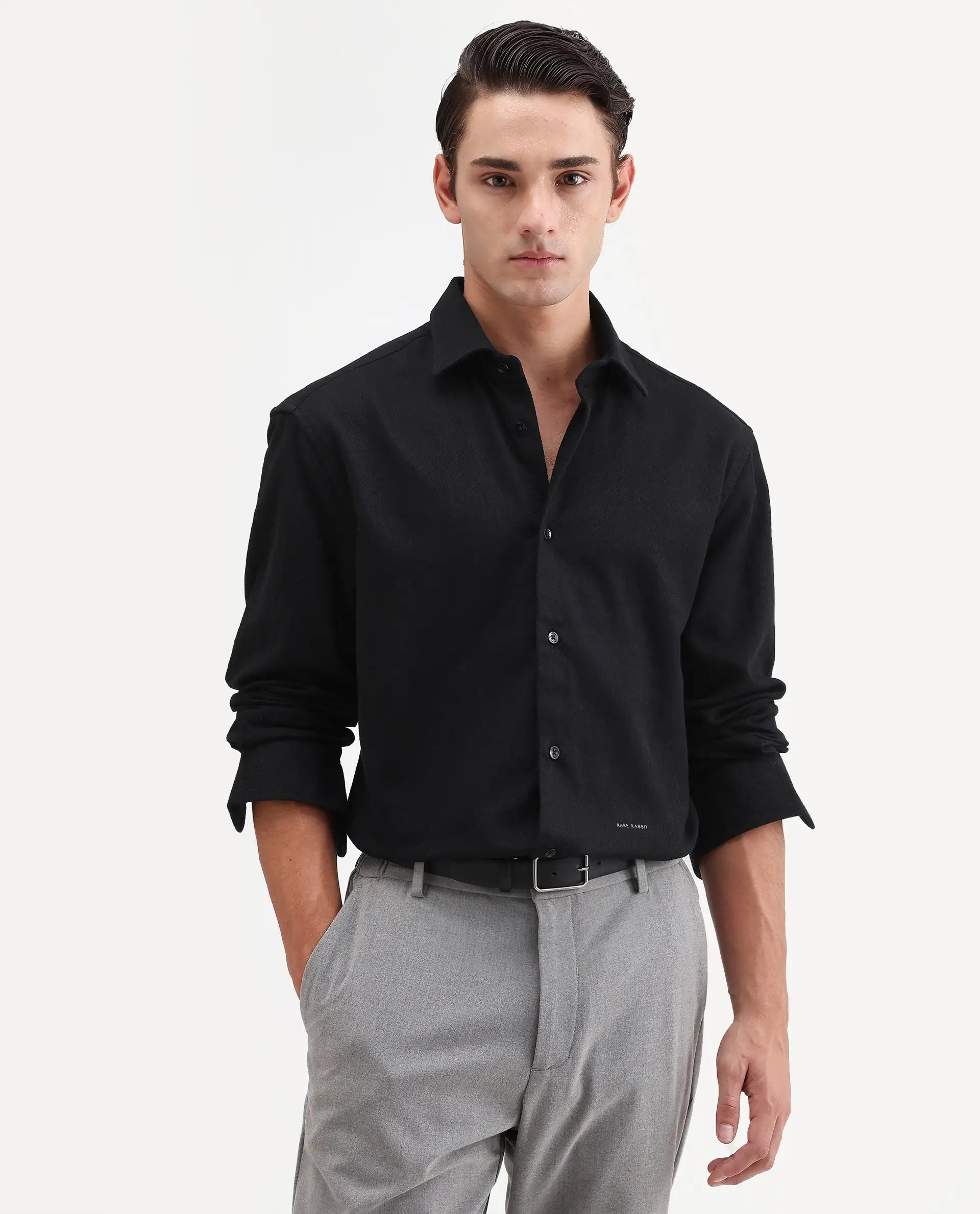 Rare Rabbit Men's Ryka Black Cotton Fabric Full Sleeve Collared Regular Fit Plain Shirt