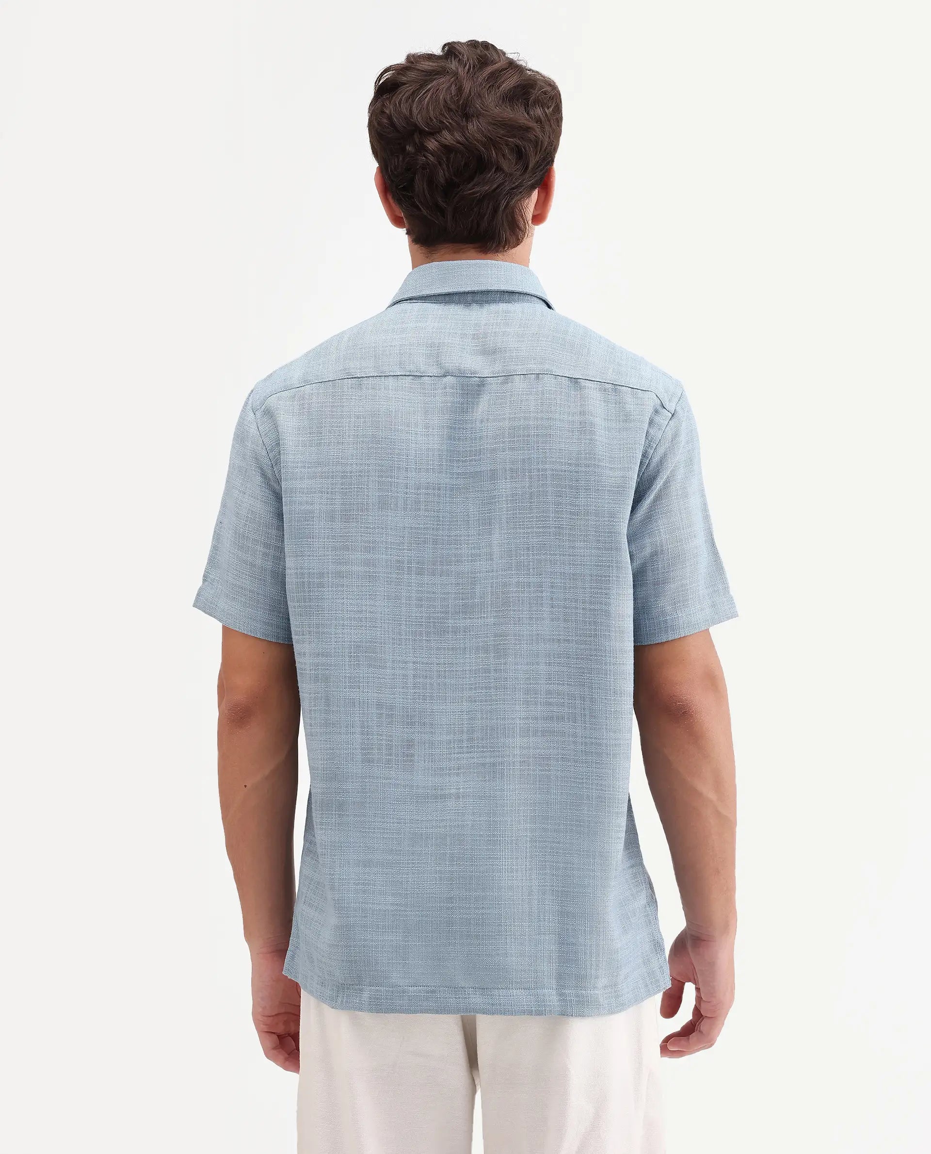 Rare Rabbit Men's Tilo Dusky Blue Polyester Fabric Half Sleeve Spread Collar Regular Fit Textured Shirt