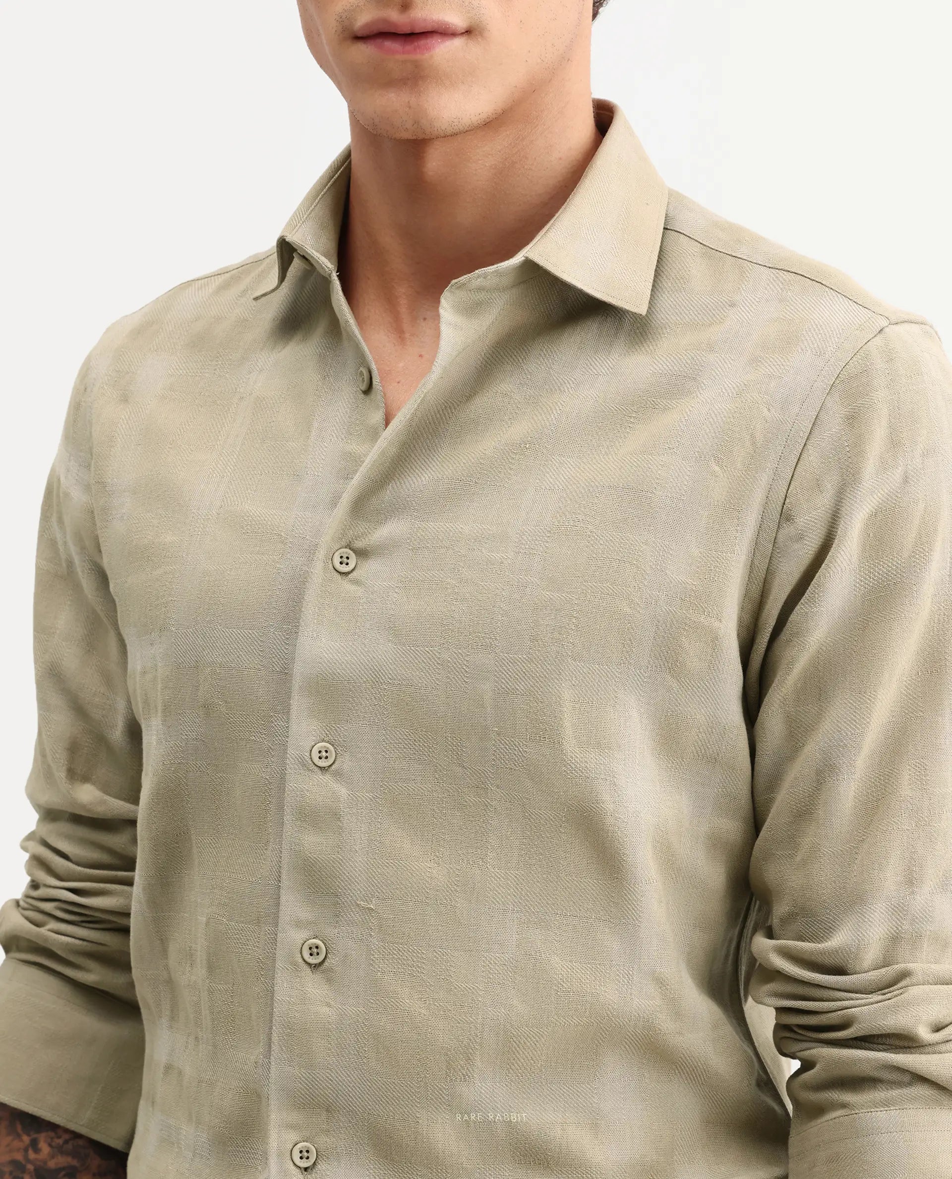 Rare Rabbit Men's Mexa Dusky Green Cotton Blend Fabric Full Sleeve Collared Regular Fit Checked Shirt