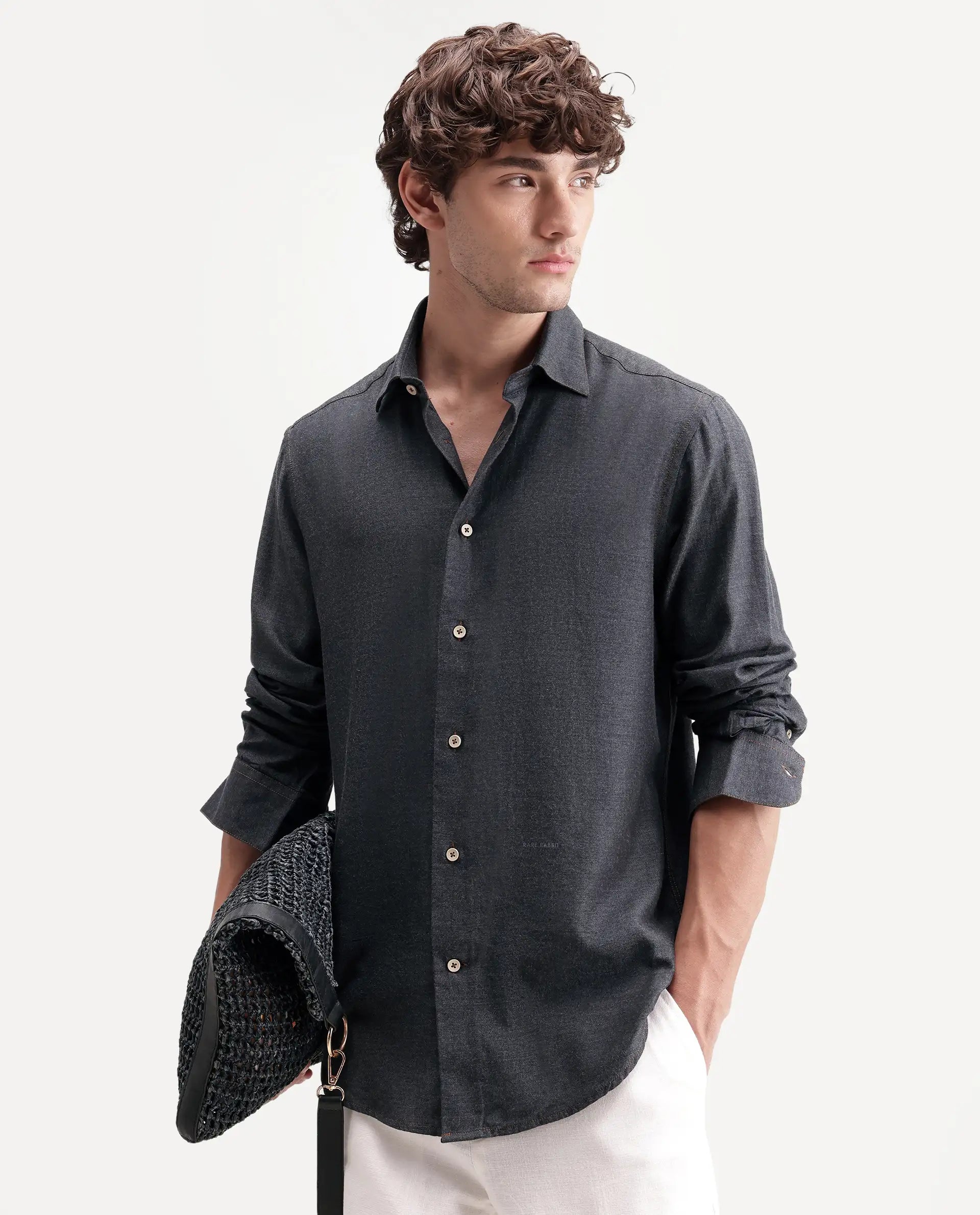Rare Rabbit Men's Widow Black Cotton Blend Fabric Full Sleeve Collared Regular Fit Plain Shirt
