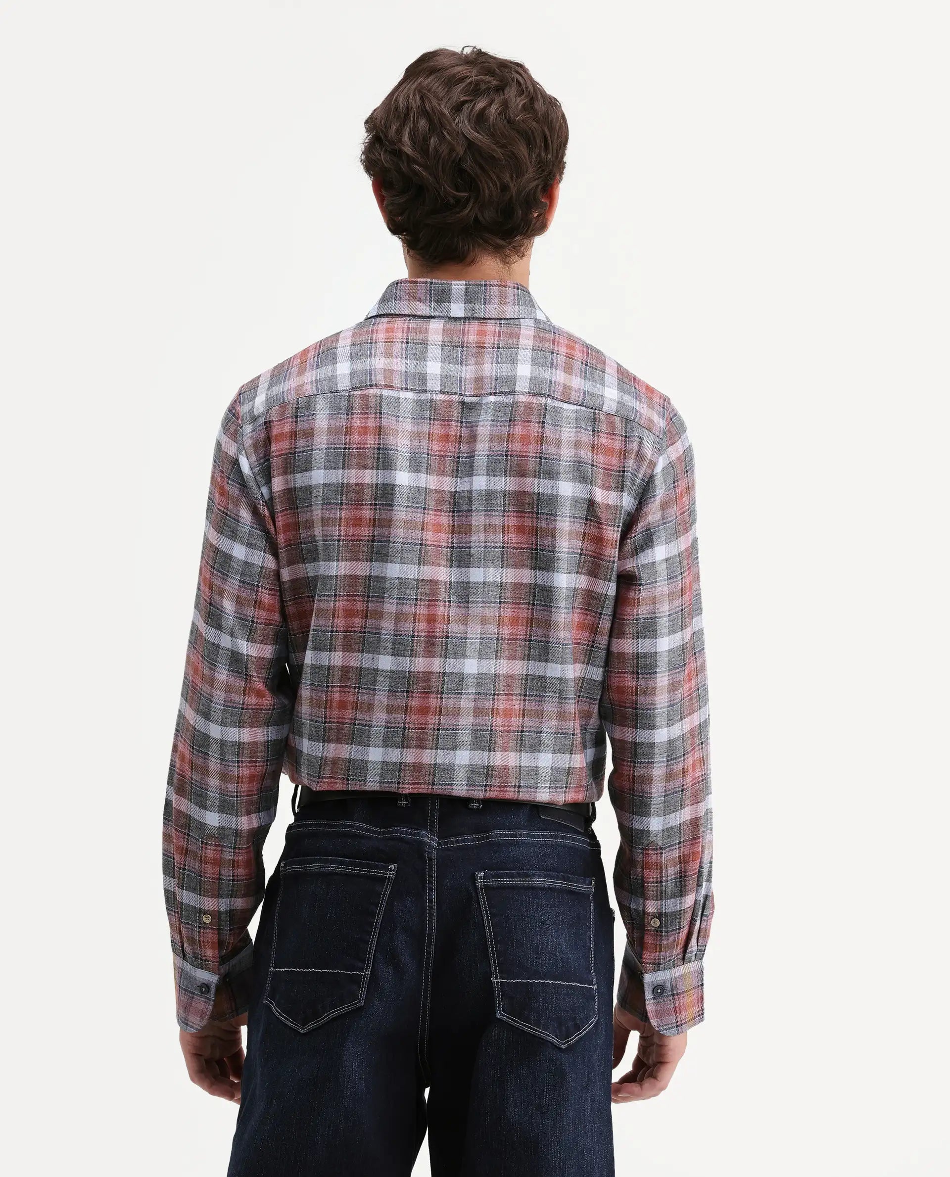 Rare Rabbit Men's Hood Red Cotton Blend Fabric Full Sleeve Collared Regular Fit Checked Shirt