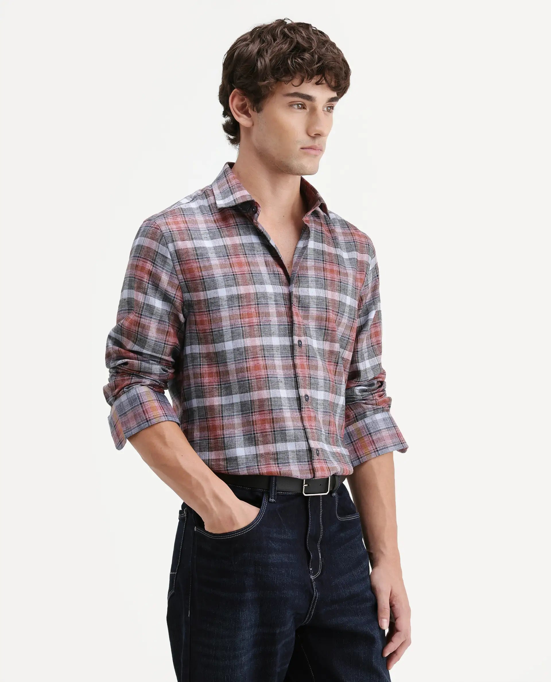 Rare Rabbit Men's Hood Red Cotton Blend Fabric Full Sleeve Collared Regular Fit Checked Shirt