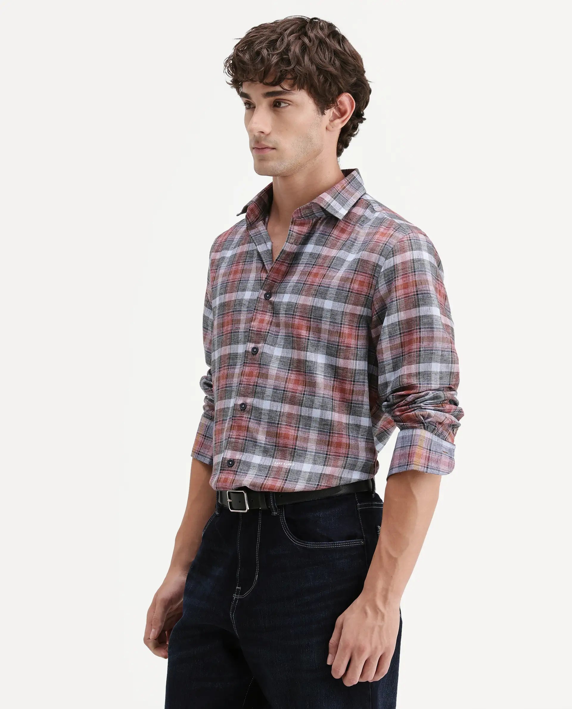 Rare Rabbit Men's Hood Red Cotton Blend Fabric Full Sleeve Collared Regular Fit Checked Shirt