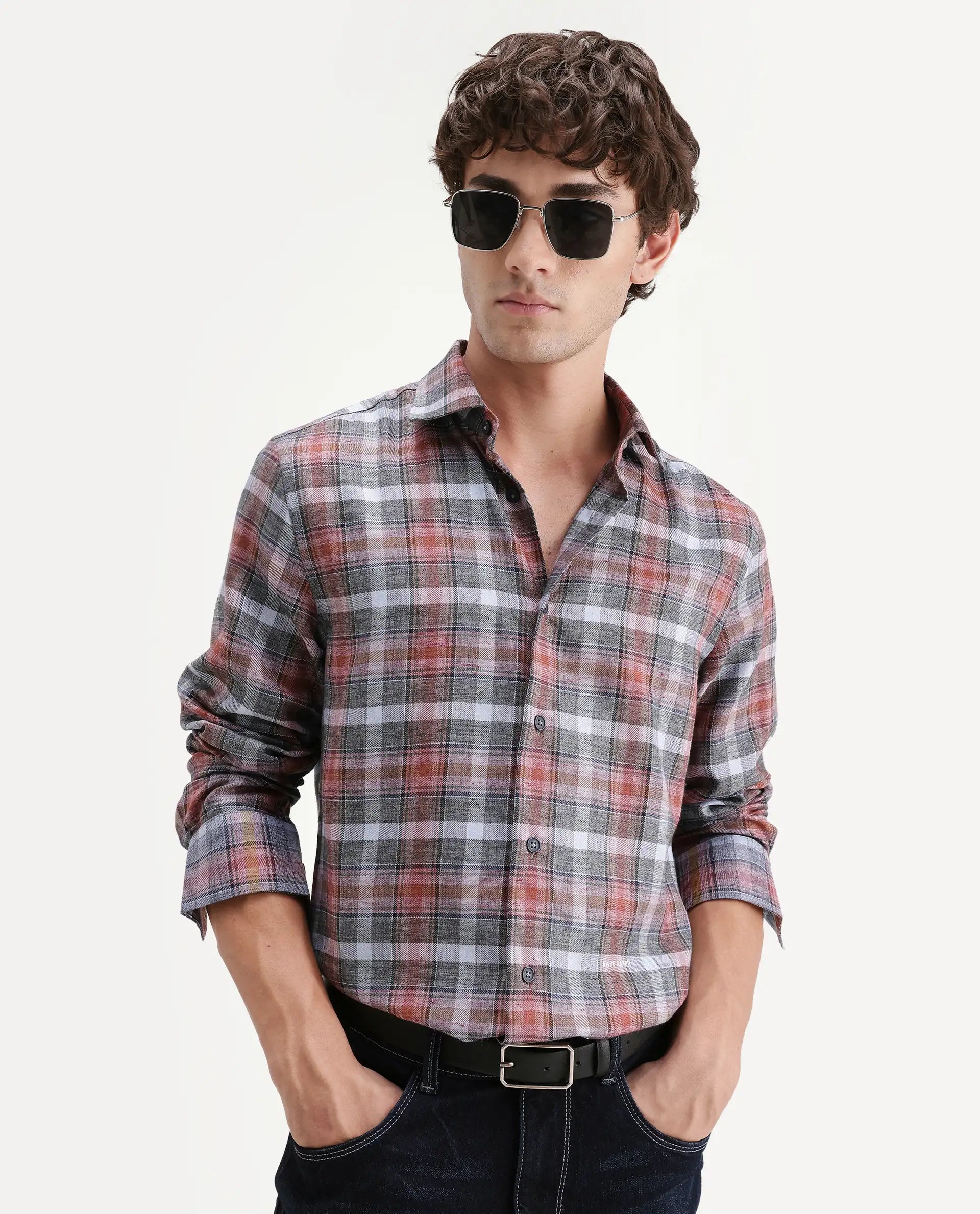 Rare Rabbit Men's Hood Red Cotton Blend Fabric Full Sleeve Collared Regular Fit Checked Shirt