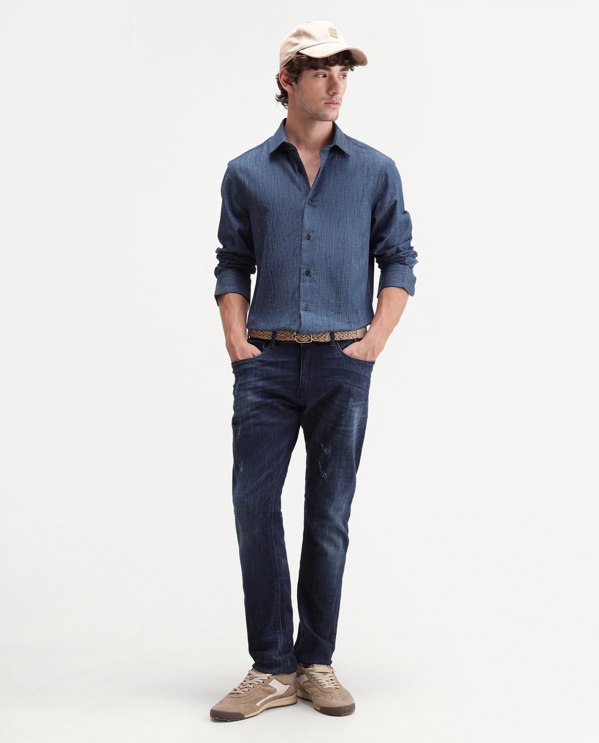 Rare Rabbit Men's Bettle Dark Blue Cotton Blend Fabric Full Sleeve Collared Regular Fit Plain Shirt