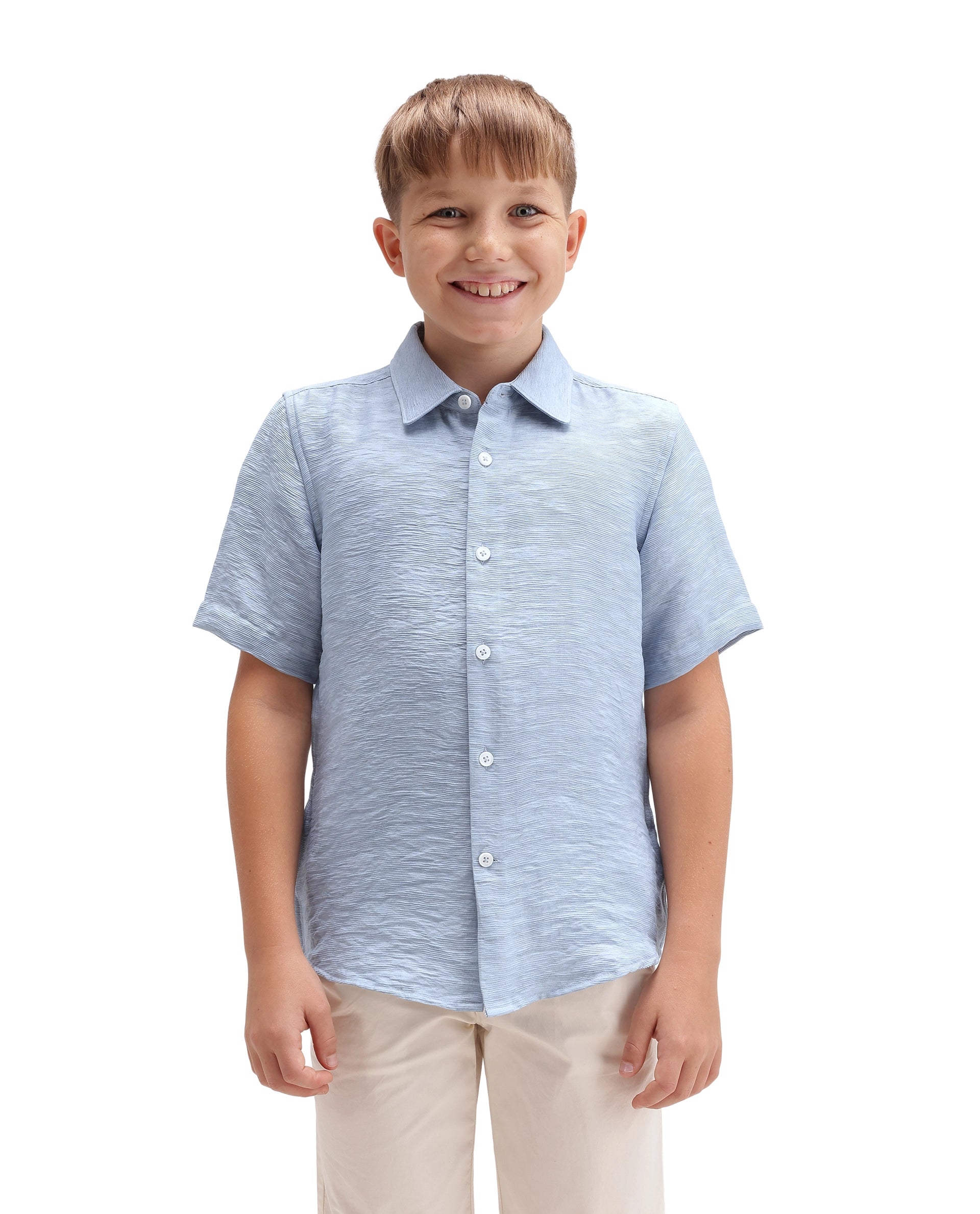 Rare Ones Kids Aksel Light Blue Viscose Blend Fabric Button Closure Plain Regular Fit Shirt