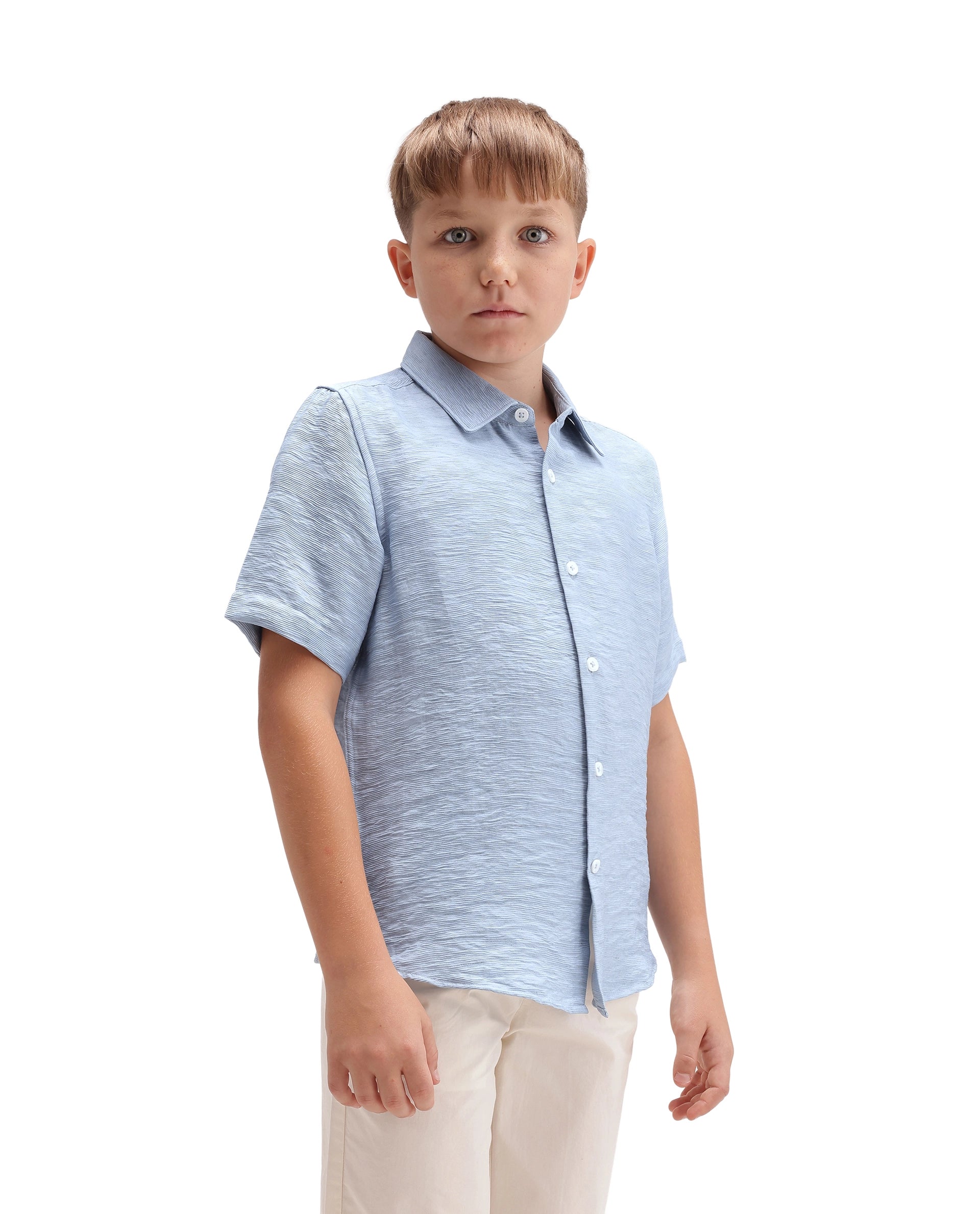 Rare Ones Kids Aksel Light Blue Viscose Blend Fabric Button Closure Plain Regular Fit Shirt