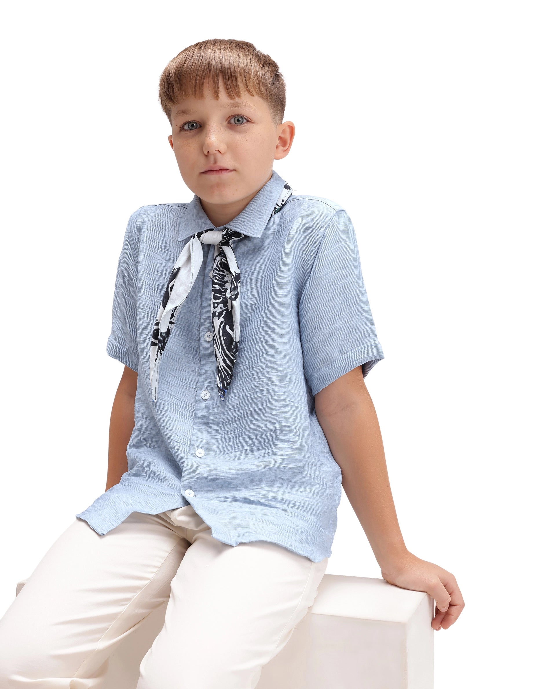 Rare Ones Kids Aksel Light Blue Viscose Blend Fabric Button Closure Plain Regular Fit Shirt