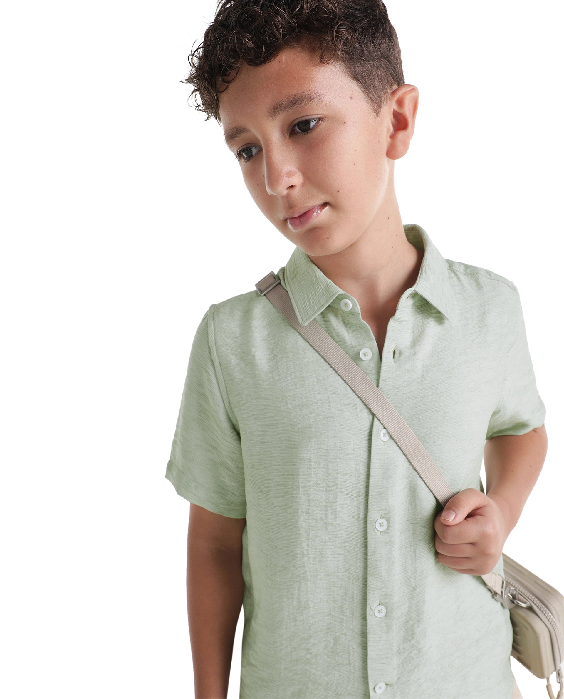 Rare Ones Kids Aksel Light Green Viscose Blend Fabric Button Closure Plain Regular Fit Shirt