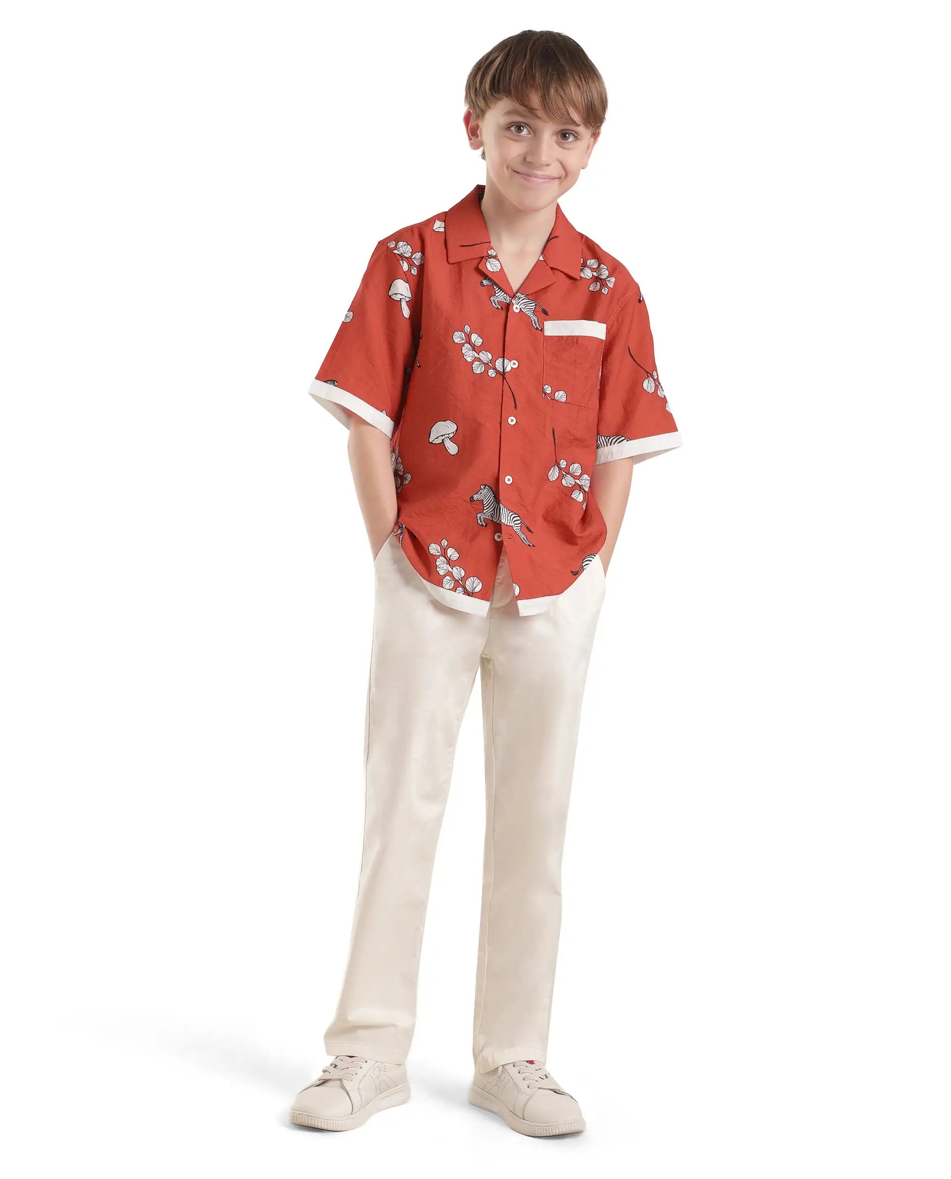 Rare Ones Kids Valer Red Viscose Blend Fabric Button Closure Regular Fit Shirt