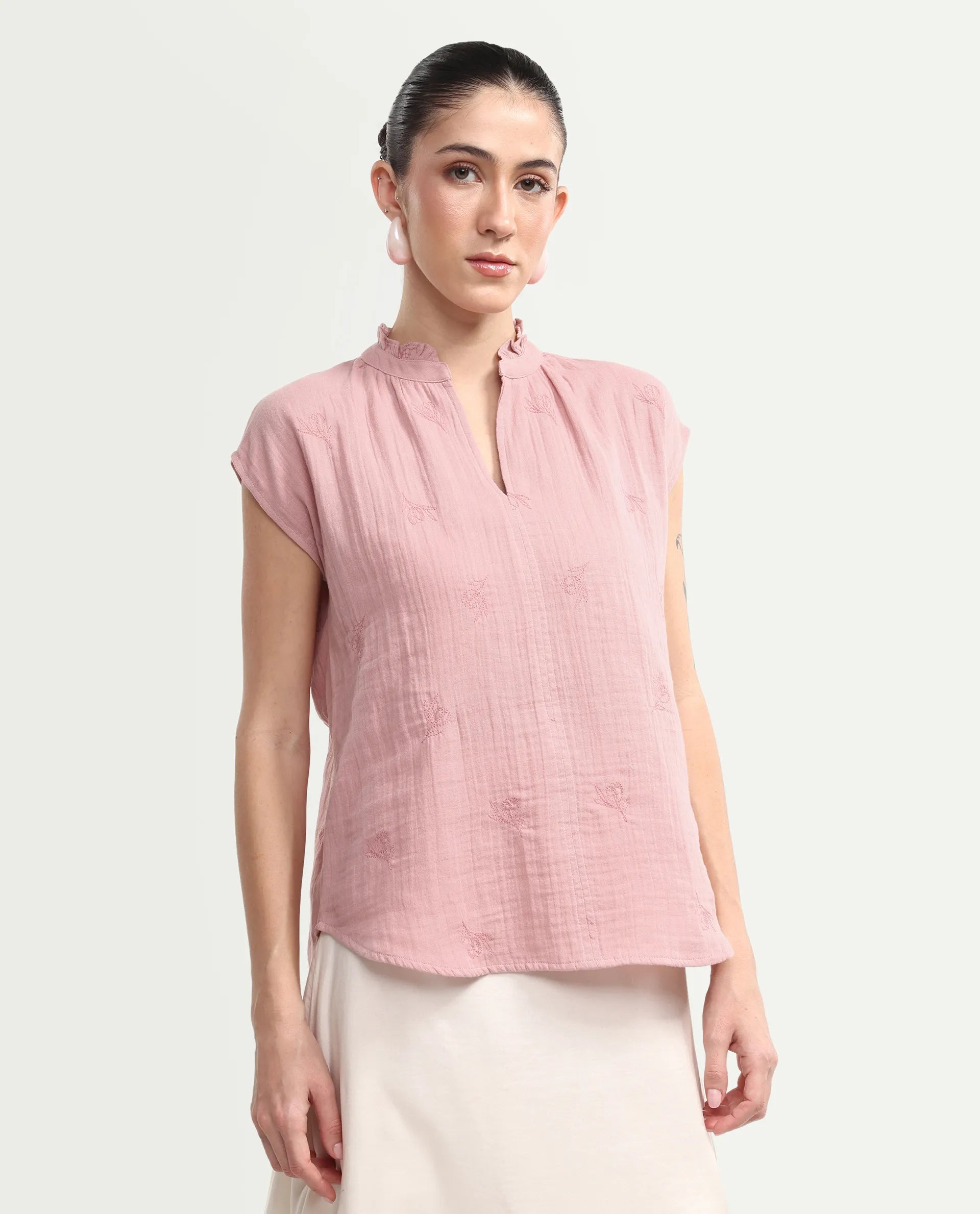 Rareism Women's Rudub Dusky Pink Cotton Ruffled Neck Regular Plain Top