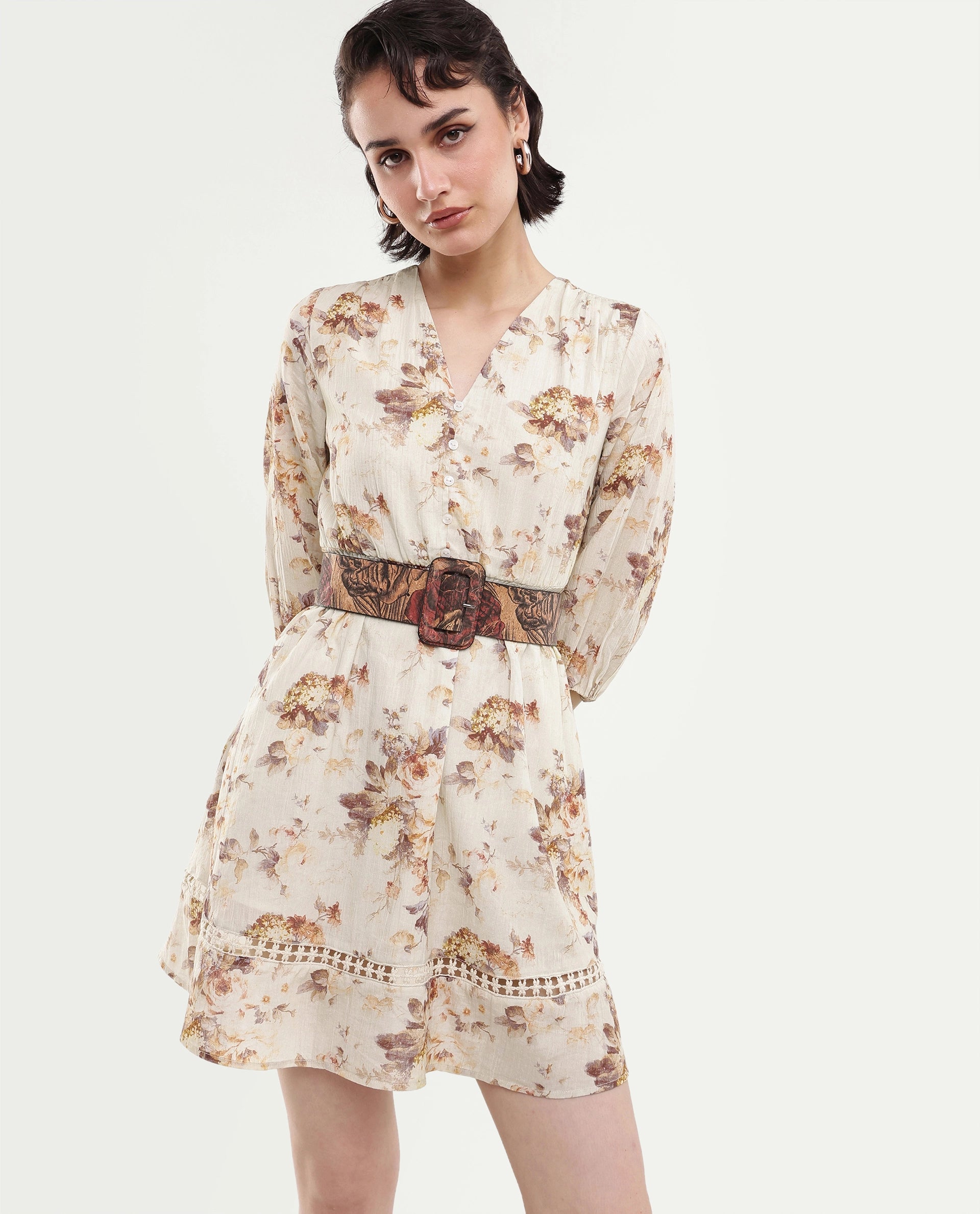 Rareism Women's Rujen Beige Floral Cotton Fit And Flare 3/4th Sleeve Dress