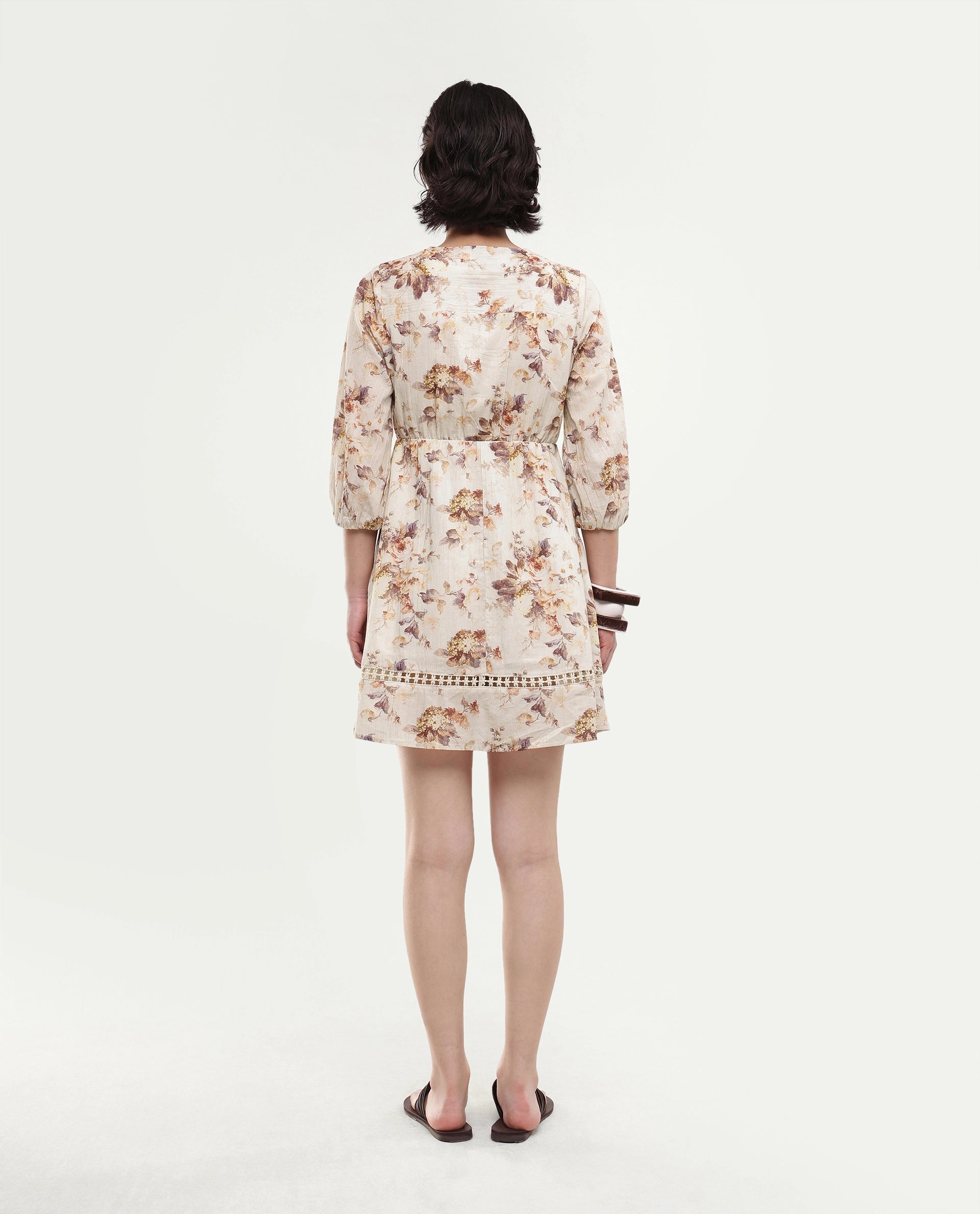 Rareism Women's Rujen Beige Floral Cotton Fit And Flare 3/4th Sleeve Dress