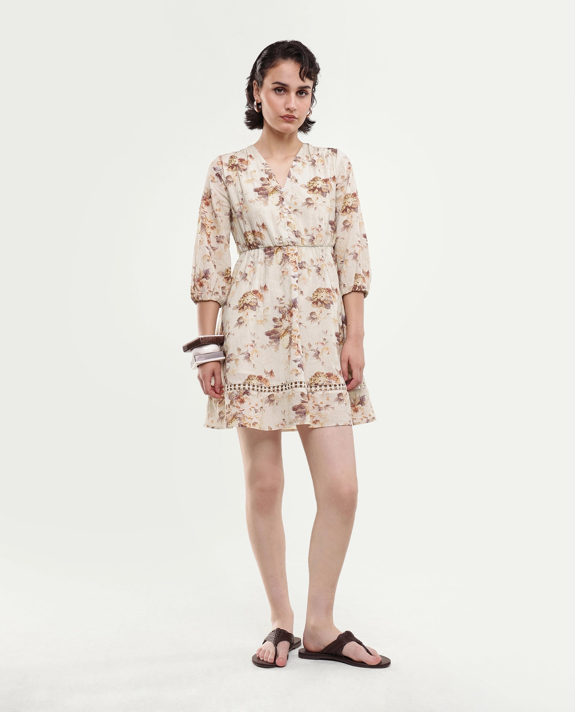 Rareism Women's Rujen Beige Floral Cotton Fit And Flare 3/4th Sleeve Dress