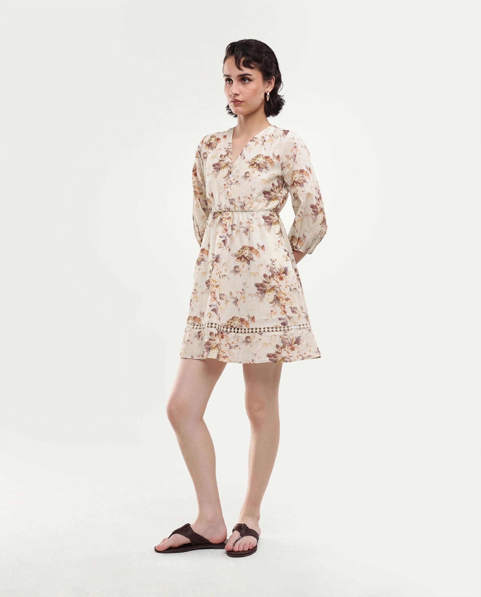 Rareism Women's Rujen Beige Floral Cotton Fit And Flare 3/4th Sleeve Dress