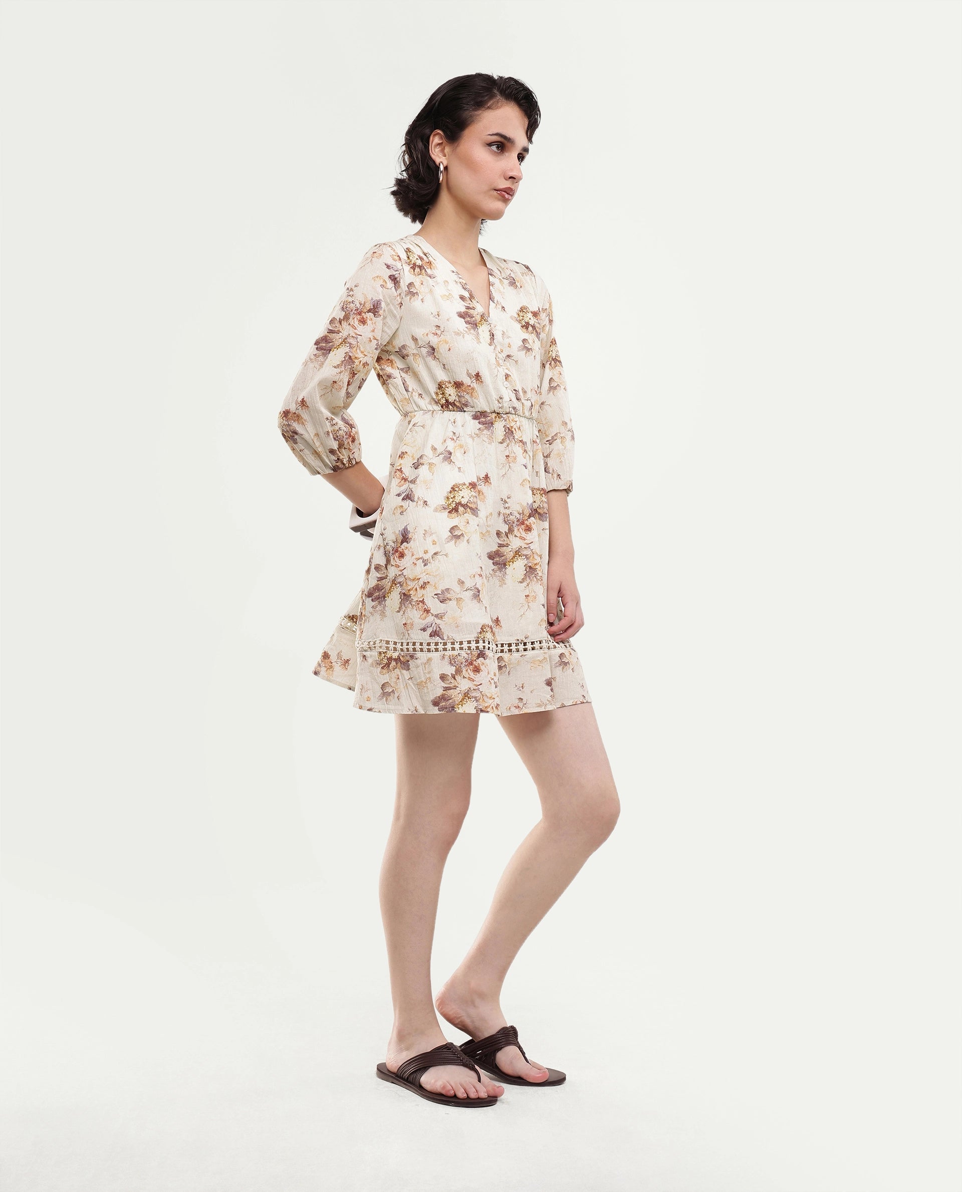 Rareism Women's Rujen Beige Floral Cotton Fit And Flare 3/4th Sleeve Dress