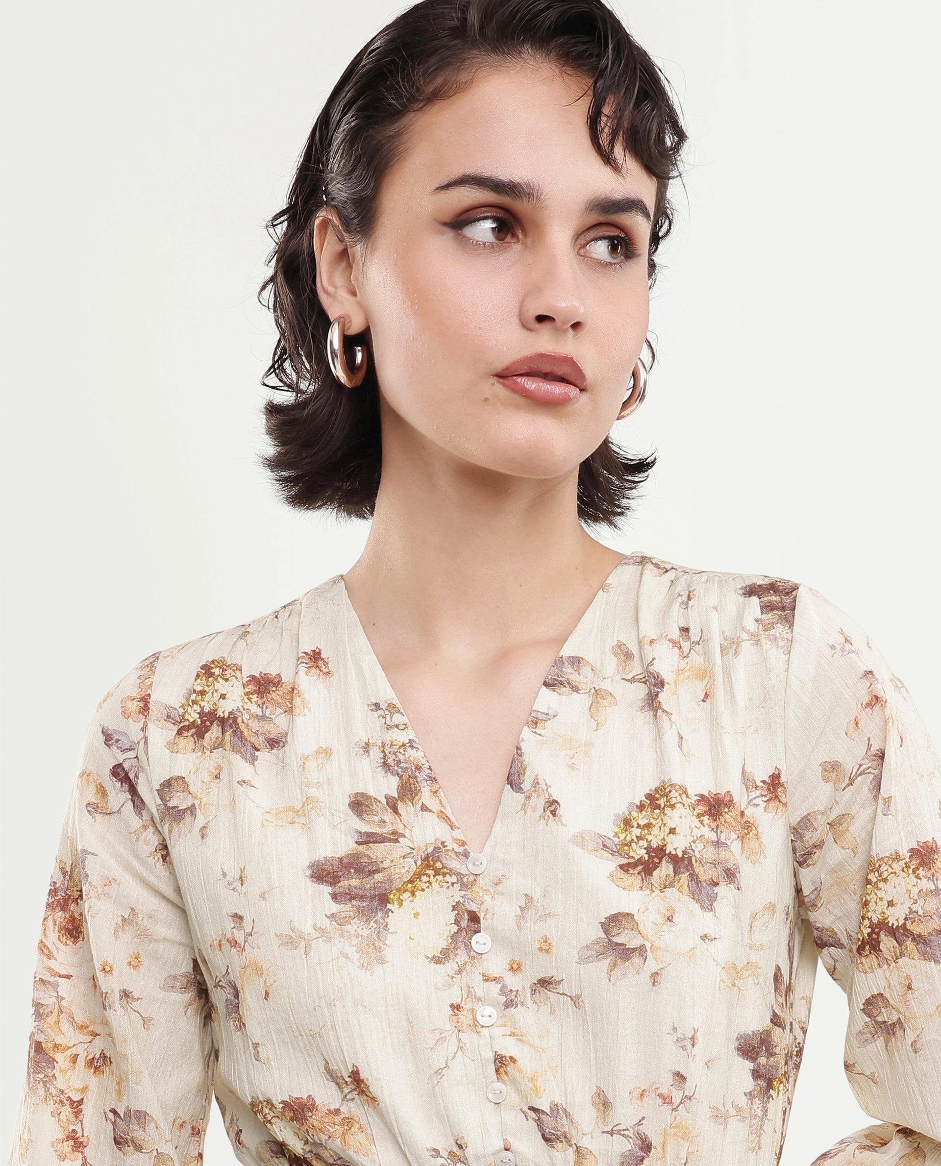 Rareism Women's Rujen Beige Floral Cotton Fit And Flare 3/4th Sleeve Dress