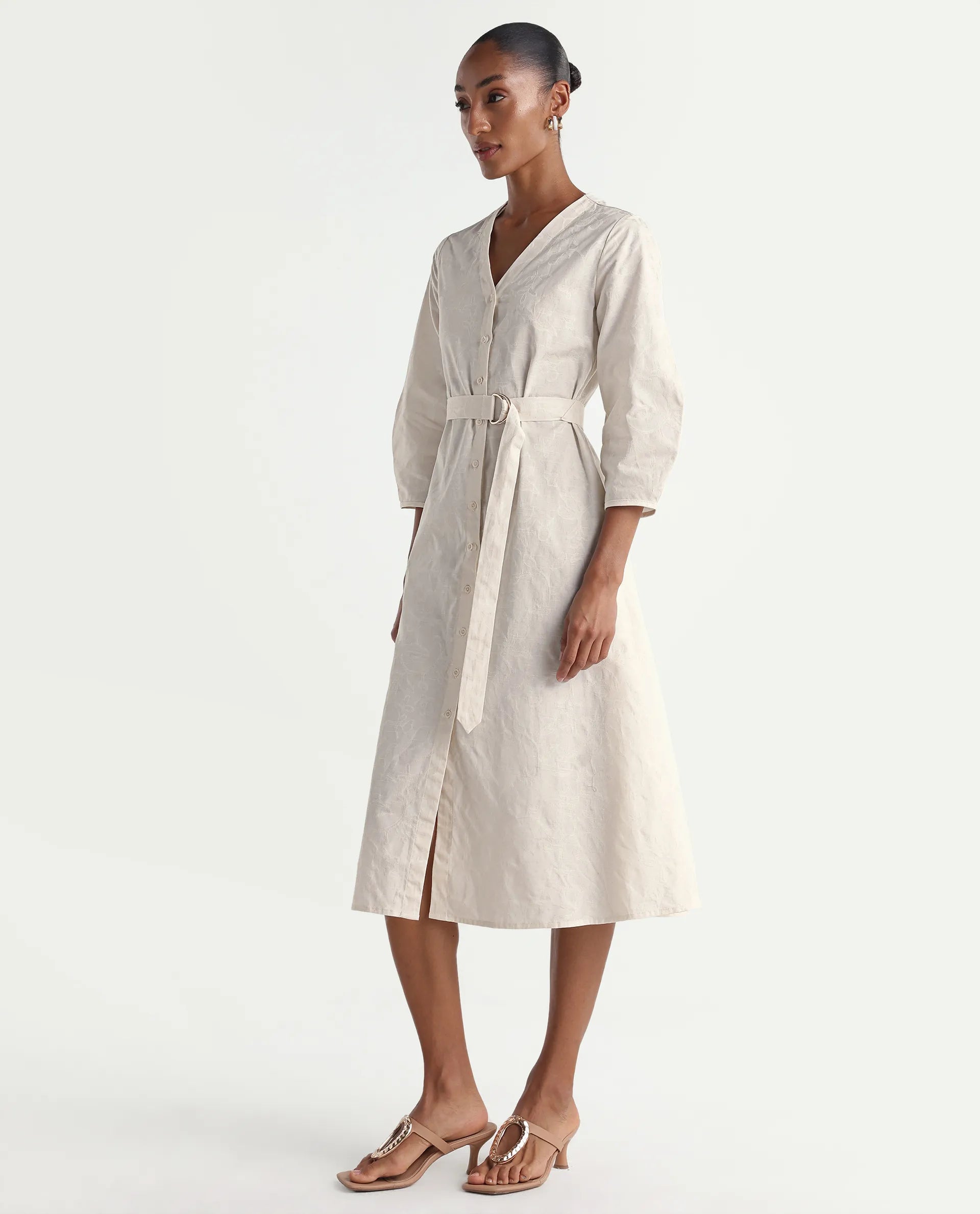 Rareism Women's Rumang Off White Cotton V-Neck Button A-Line Jacquard Print Dress
