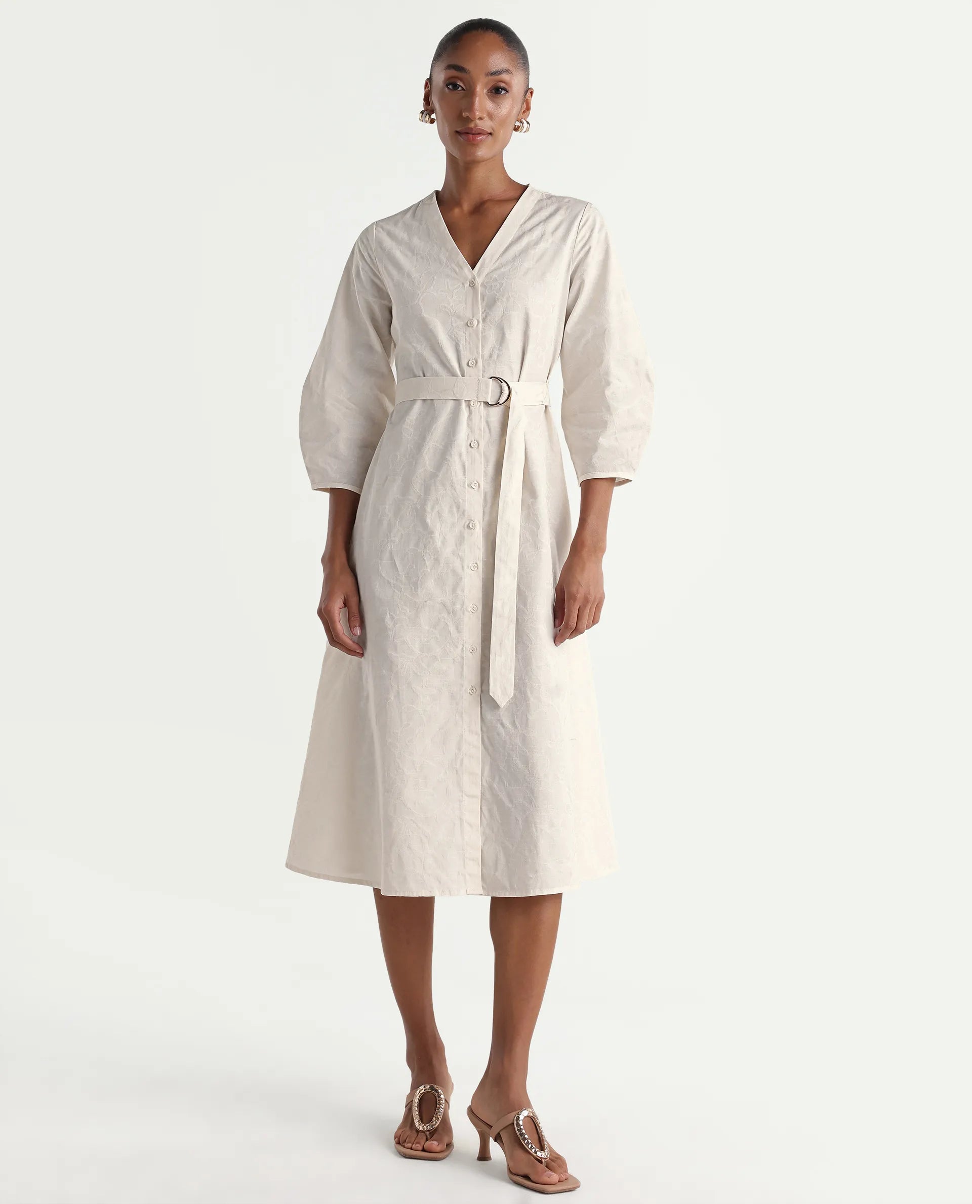 Rareism Women's Rumang Off White Cotton V-Neck Button A-Line Jacquard Print Dress