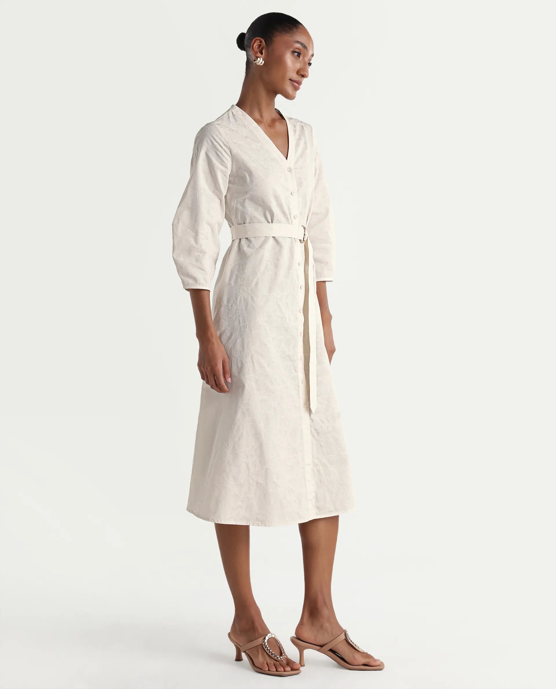Rareism Women's Rumang Off White Cotton V-Neck Button A-Line Jacquard Print Dress