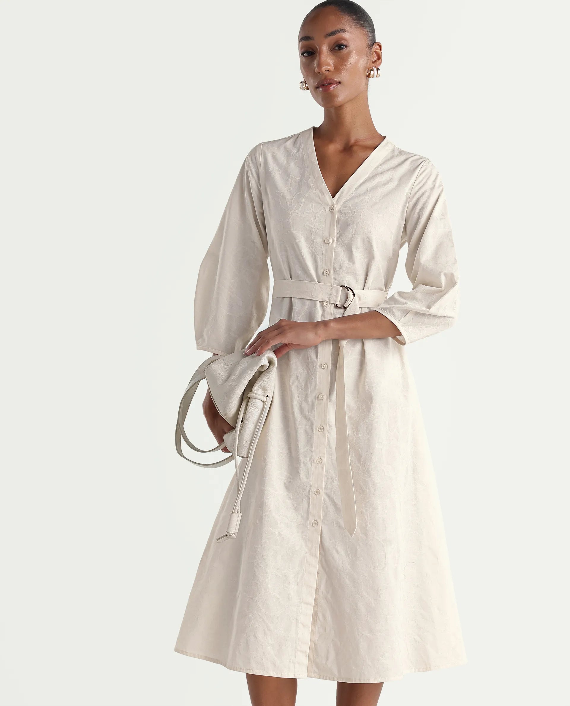 Rareism Women's Rumang Off White Cotton V-Neck Button A-Line Jacquard Print Dress