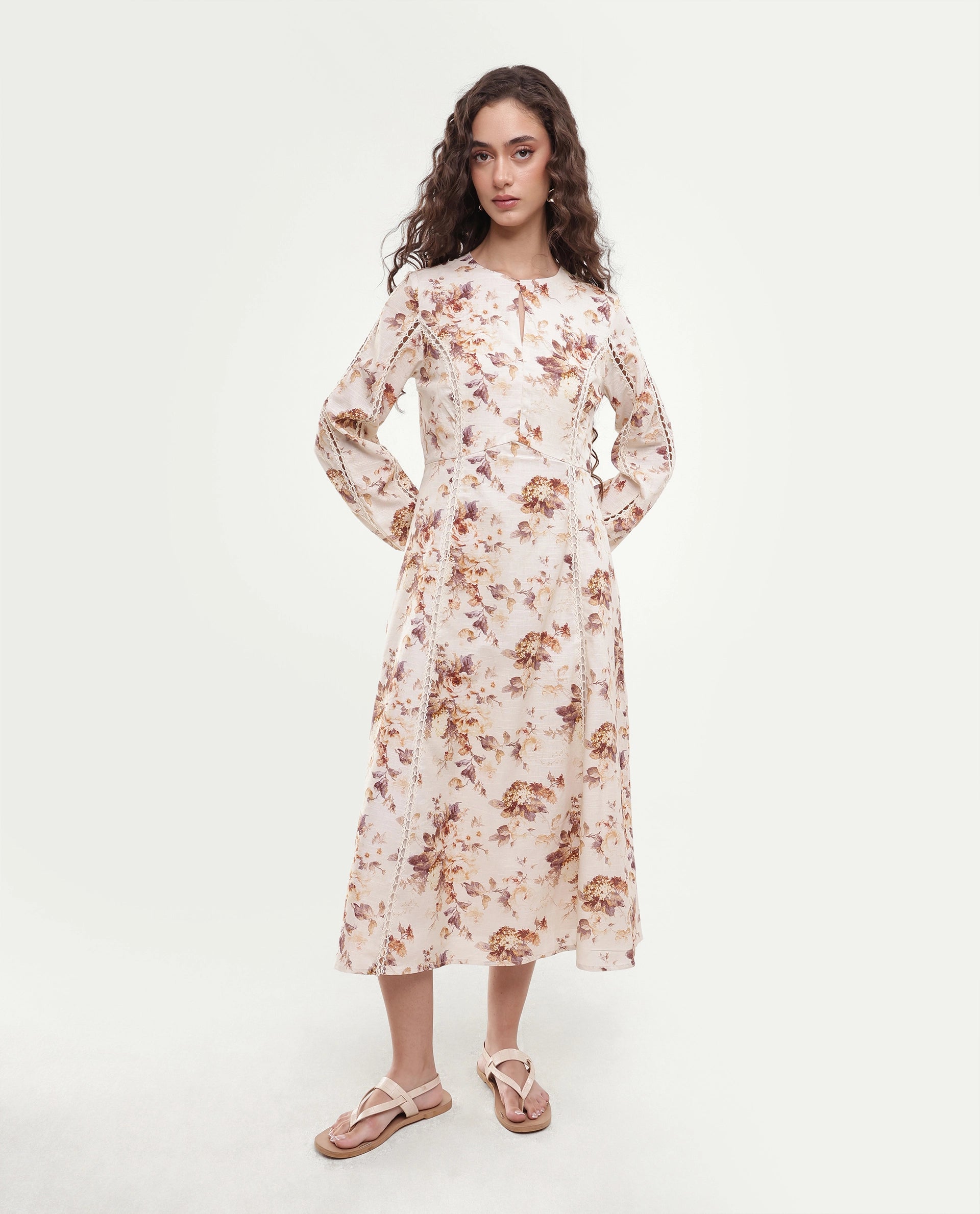 Rareism Women's Ruten Beige Cotton Crew Neck Button And Zip Fit And Flare Floral Print Dress