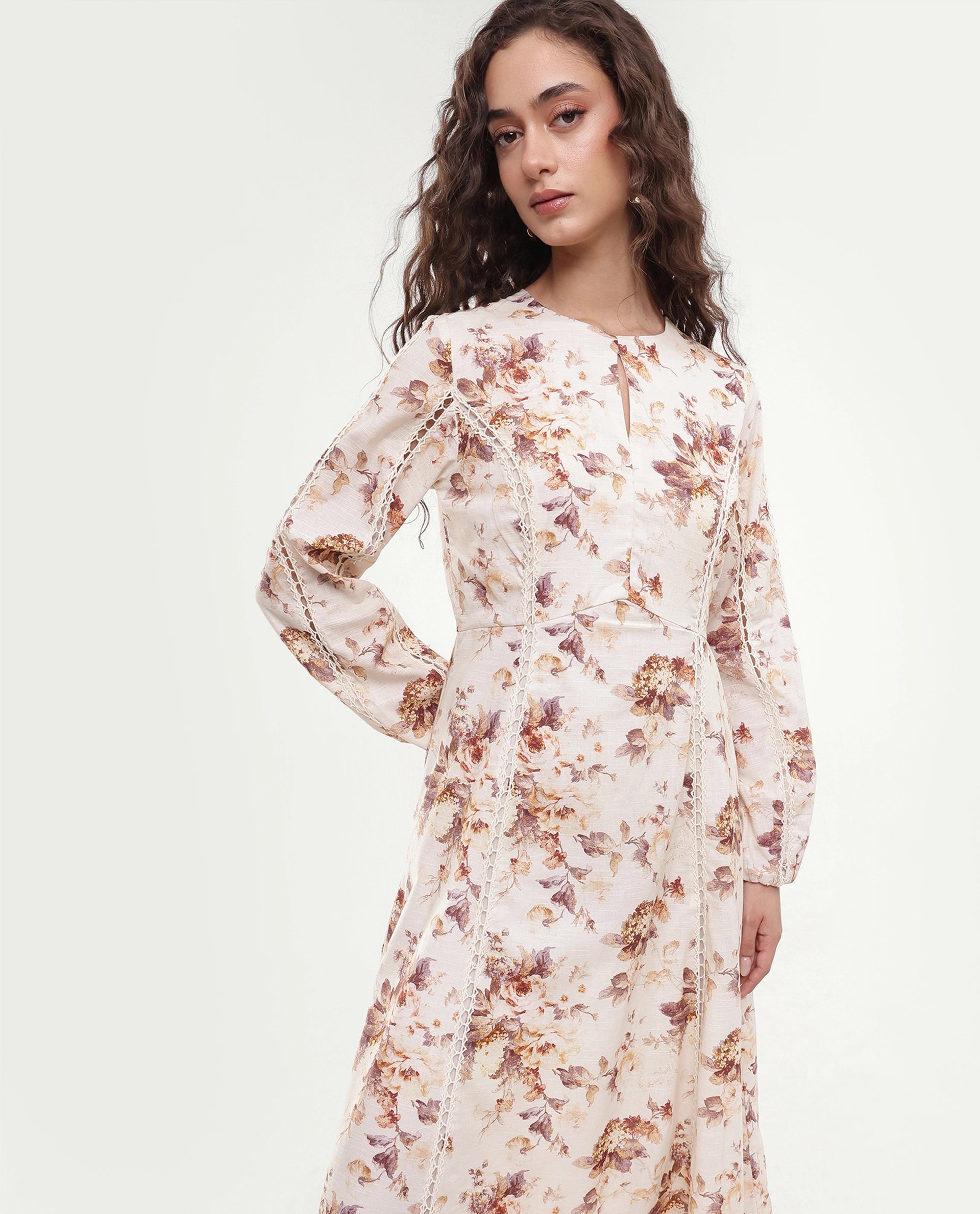 Rareism Women's Ruten Beige Cotton Crew Neck Button And Zip Fit And Flare Floral Print Dress