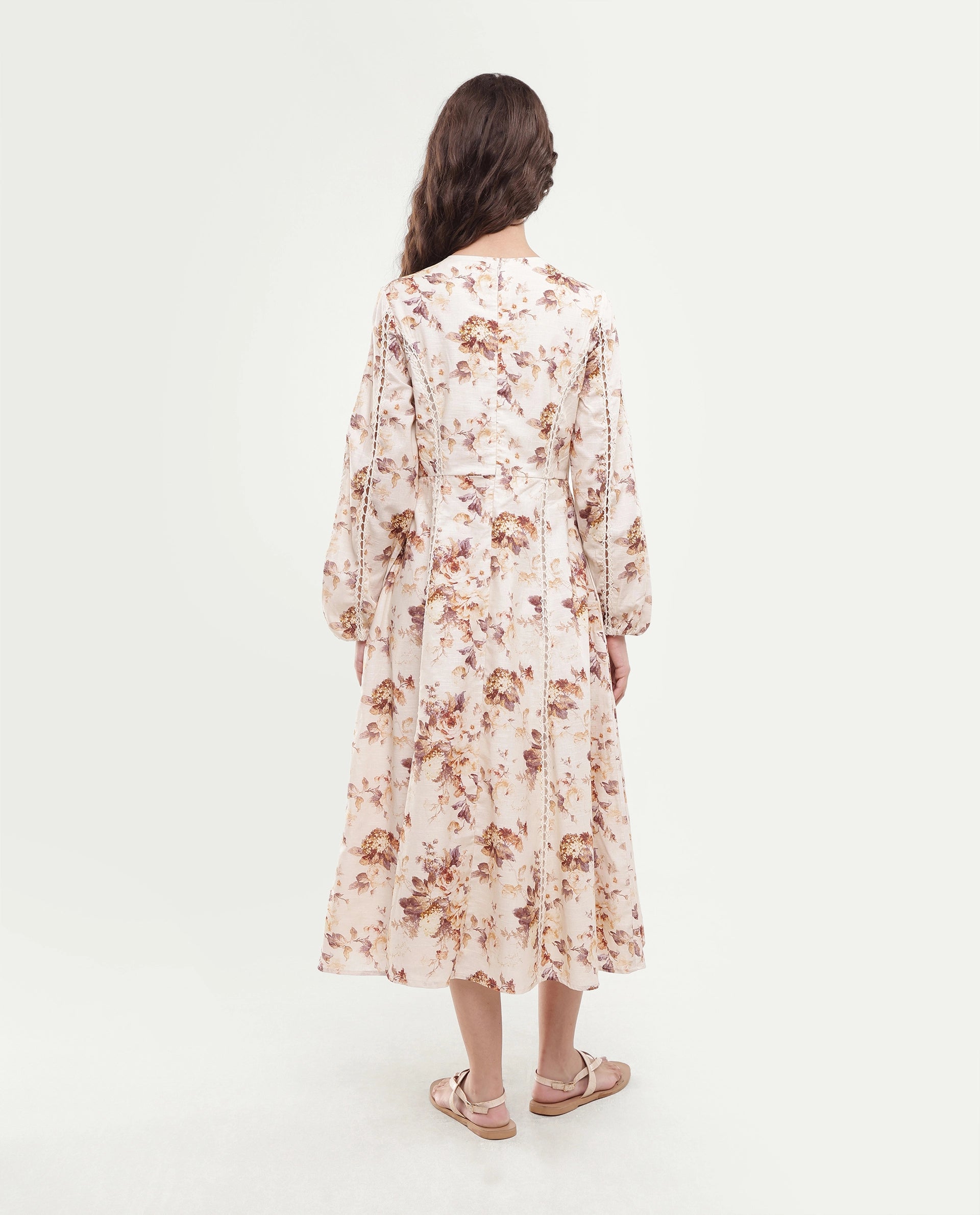Rareism Women's Ruten Beige Cotton Crew Neck Button And Zip Fit And Flare Floral Print Dress
