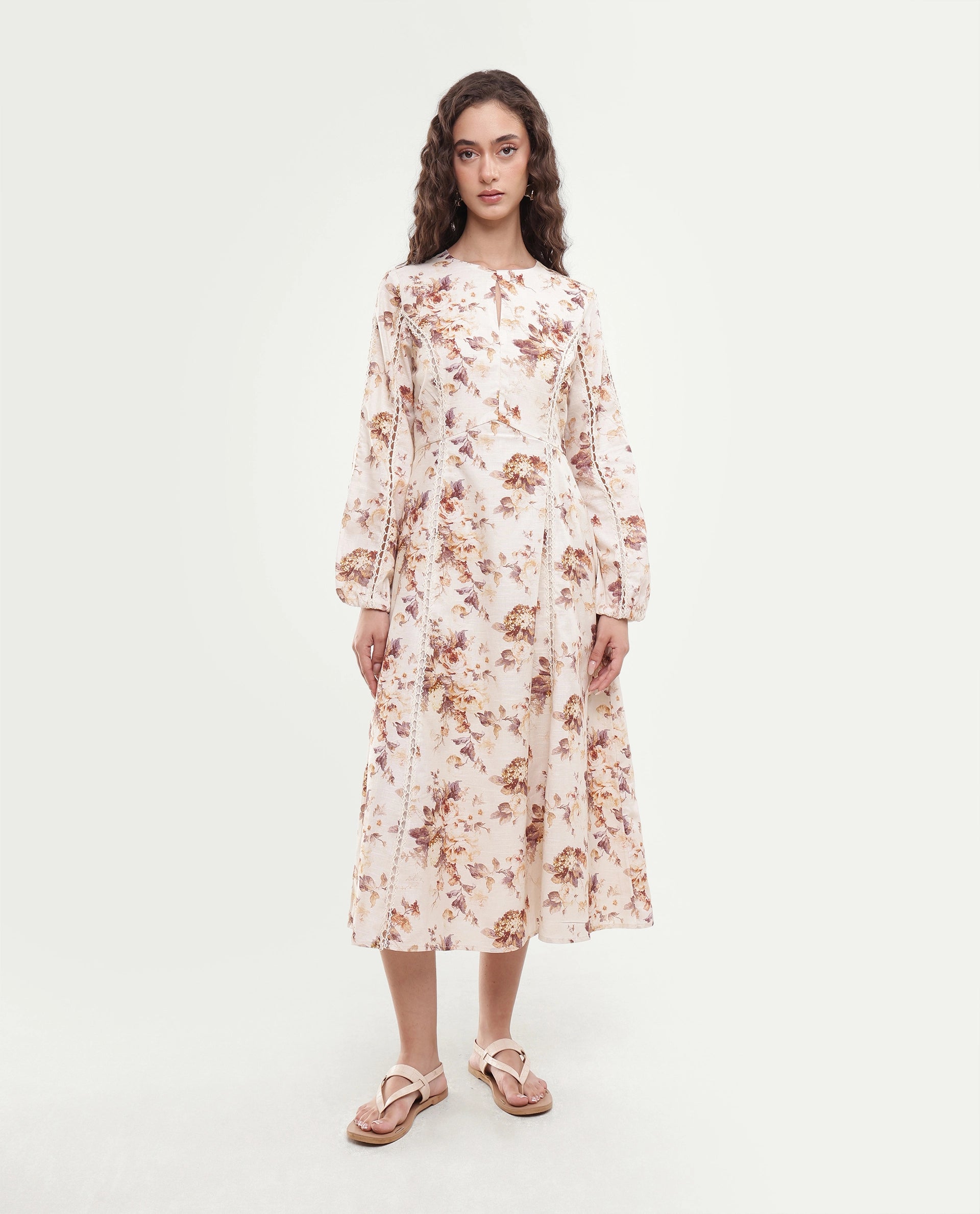 Rareism Women's Ruten Beige Cotton Crew Neck Button And Zip Fit And Flare Floral Print Dress