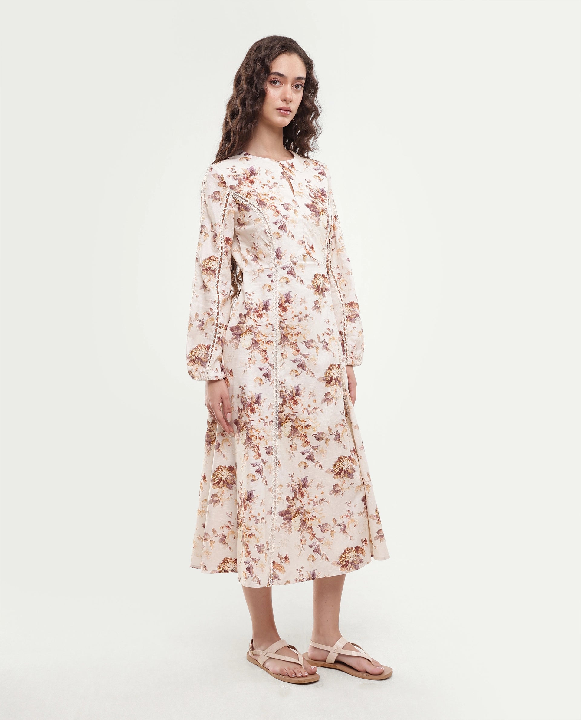 Rareism Women's Ruten Beige Cotton Crew Neck Button And Zip Fit And Flare Floral Print Dress