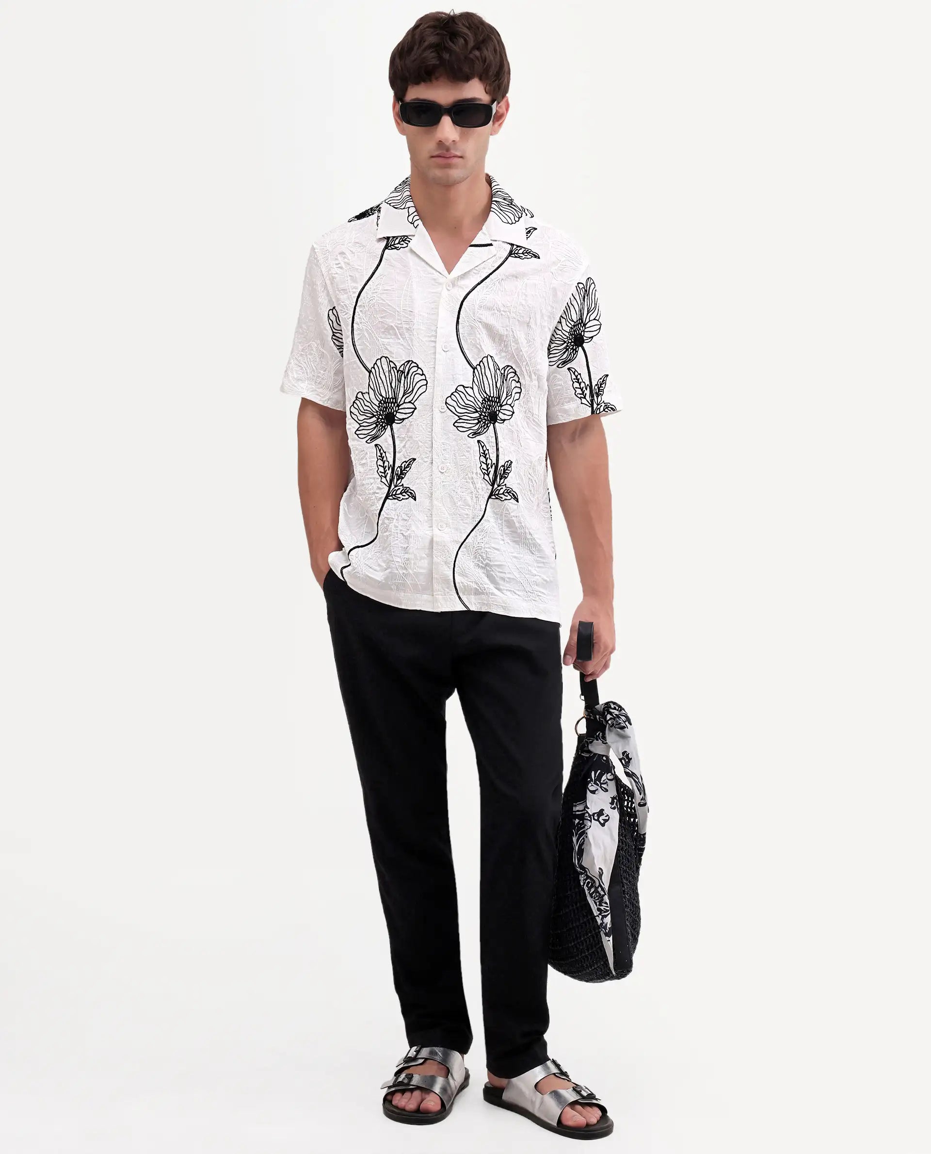 Rare Rabbit Men's Kiro White Viscose Blend Fabric Half Sleeve Cuban Collar Button Relaxed Fit Embroidered Shirt