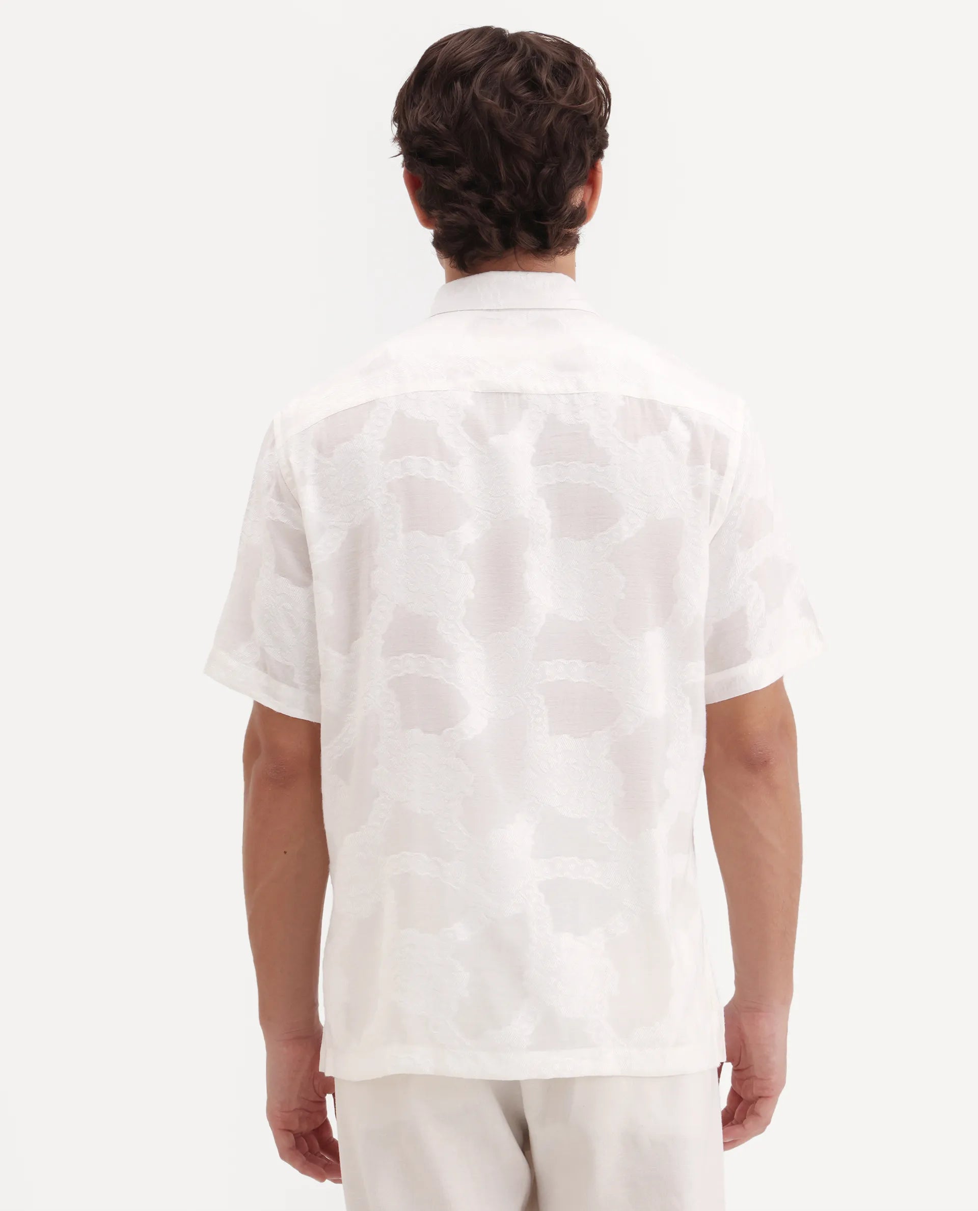 Rare Rabbit Men's Tesh Off White Viscose Blend Fabric Half Sleeve Spread Collar Button Regular Jacquard Shirt
