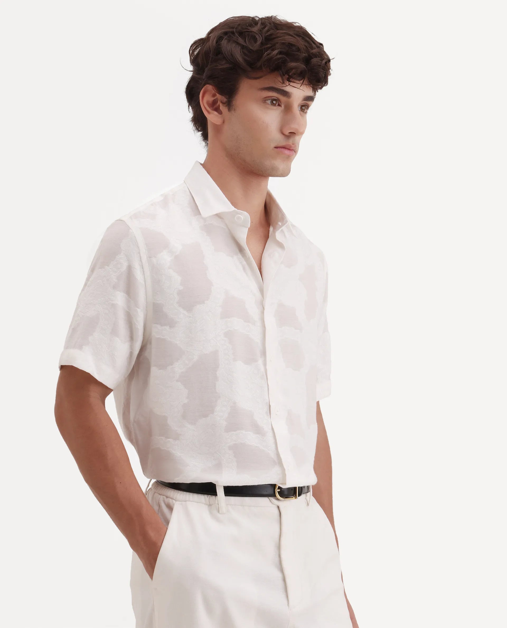 Rare Rabbit Men's Tesh Off White Viscose Blend Fabric Half Sleeve Spread Collar Button Regular Jacquard Shirt