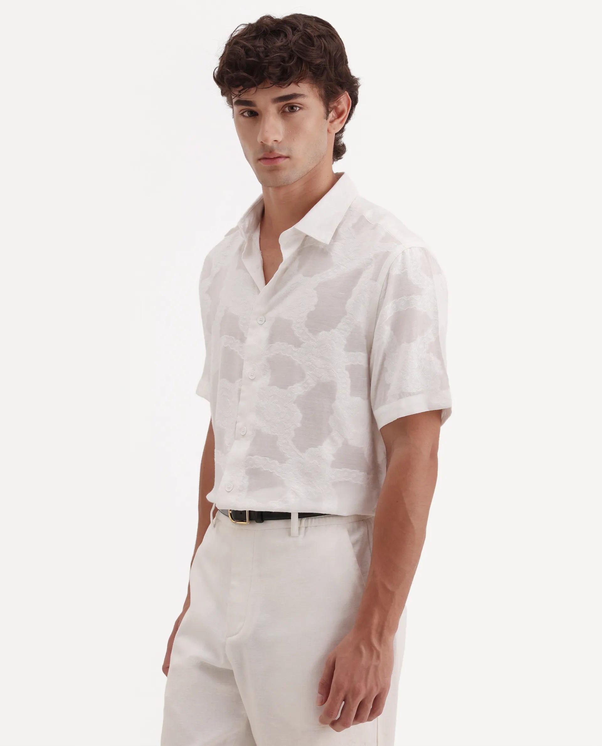 Rare Rabbit Men's Tesh Off White Viscose Blend Fabric Half Sleeve Spread Collar Button Regular Jacquard Shirt