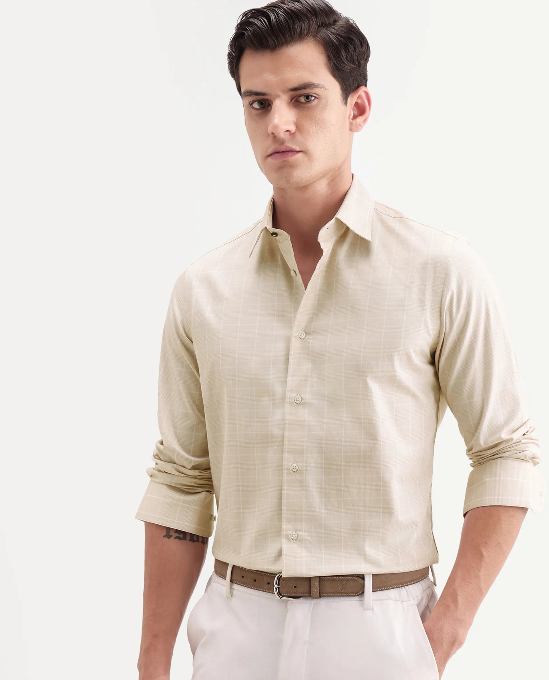 Rare Rabbit Men's Vales Light Beige Cotton Fabric Full Sleeve Spread Collar Button Regular Checked Shirt