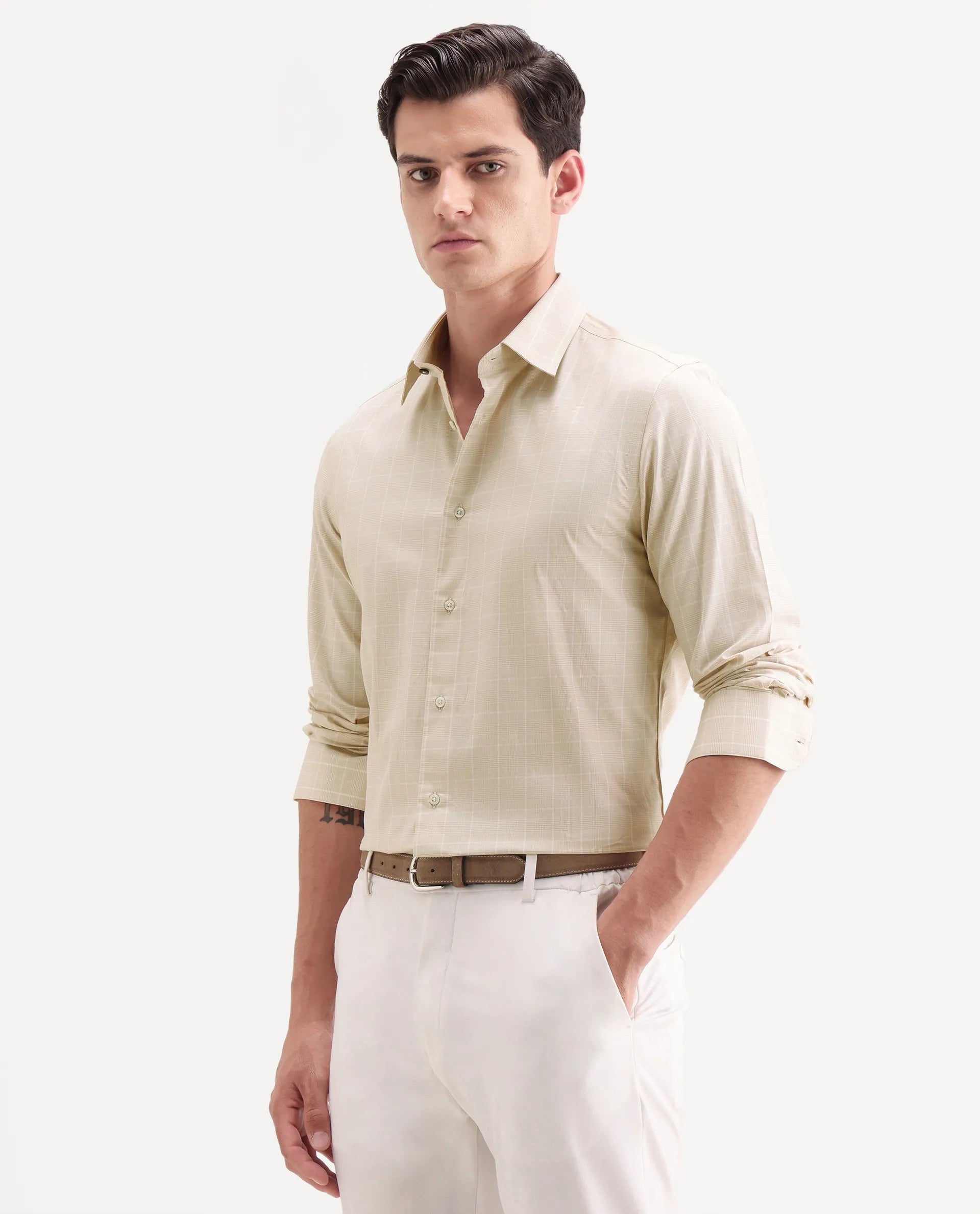 Rare Rabbit Men's Vales Light Beige Cotton Fabric Full Sleeve Spread Collar Button Regular Checked Shirt