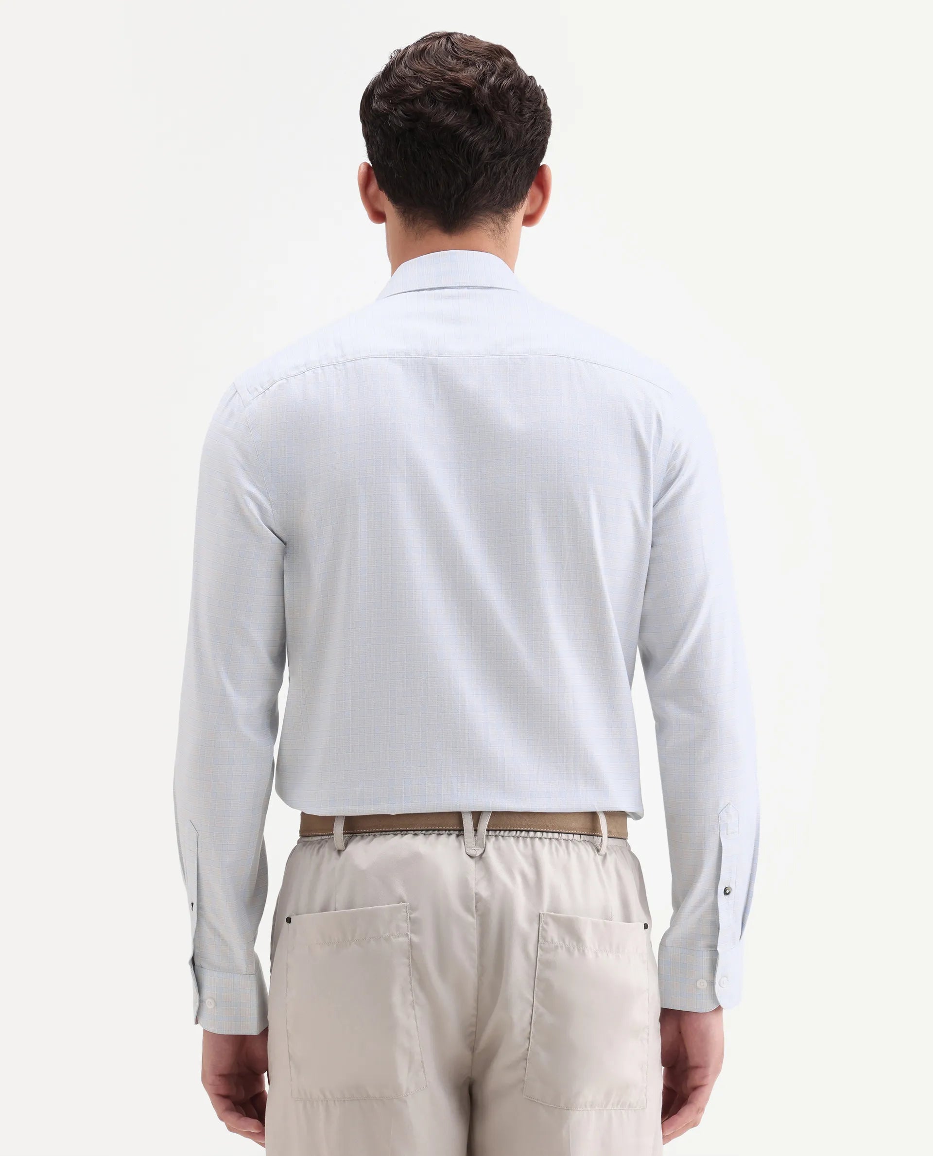 Rare Rabbit Men's Aren Light Blue Cotton Fabric Full Sleeve Spread Collar Button Regular Checked Shirt