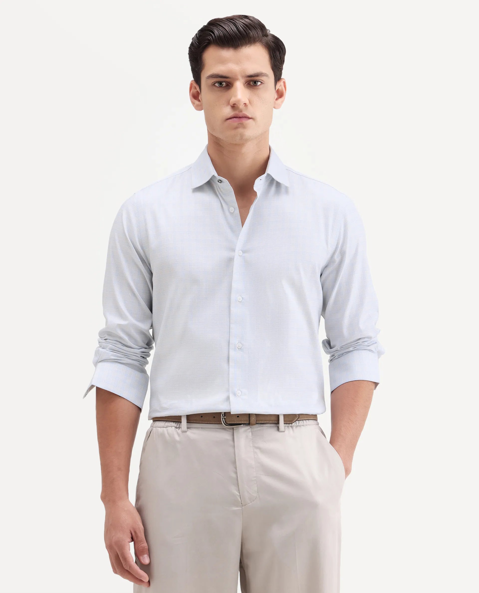 Rare Rabbit Men's Aren Light Blue Cotton Fabric Full Sleeve Spread Collar Button Regular Checked Shirt