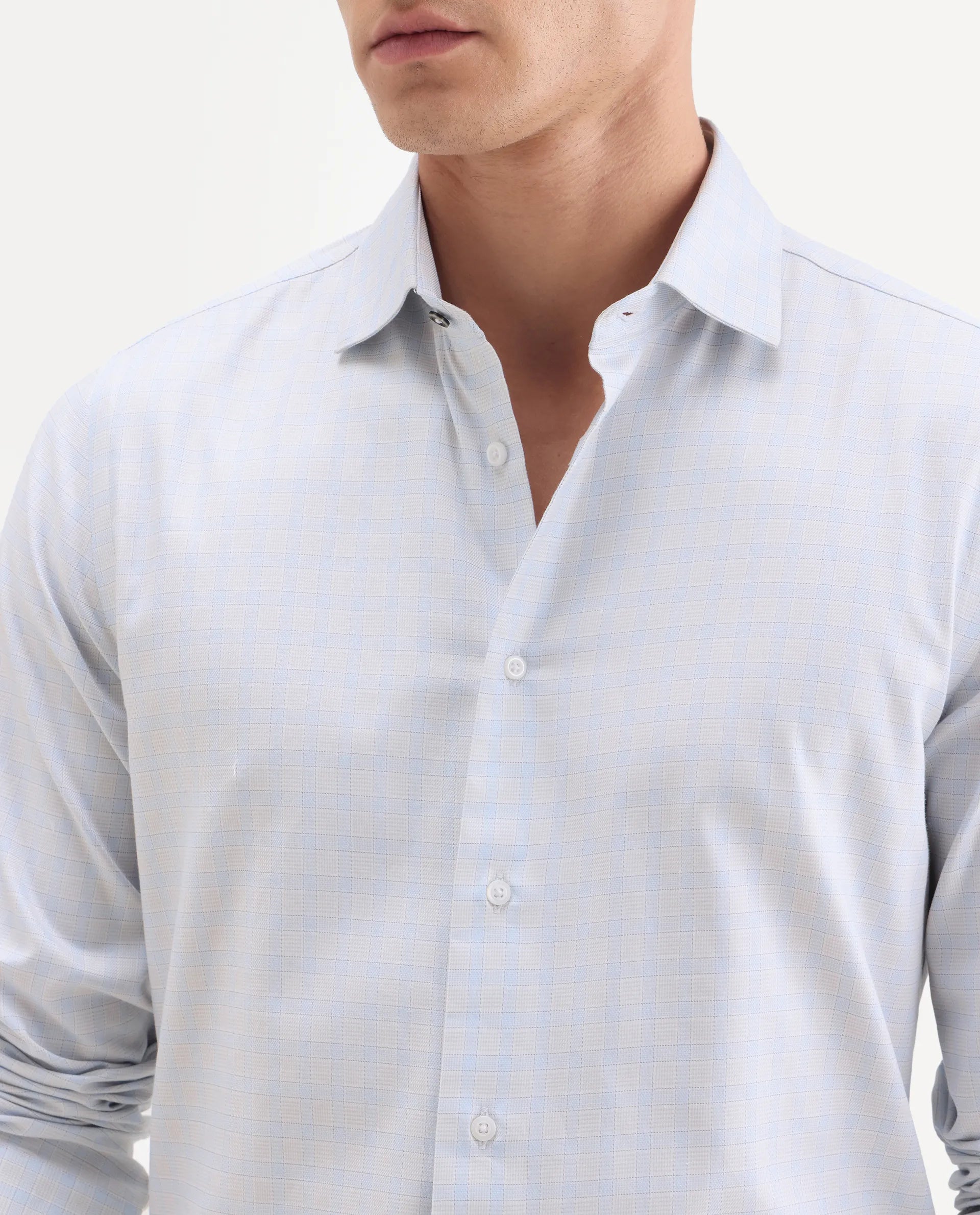 Rare Rabbit Men's Aren Light Blue Cotton Fabric Full Sleeve Spread Collar Button Regular Checked Shirt